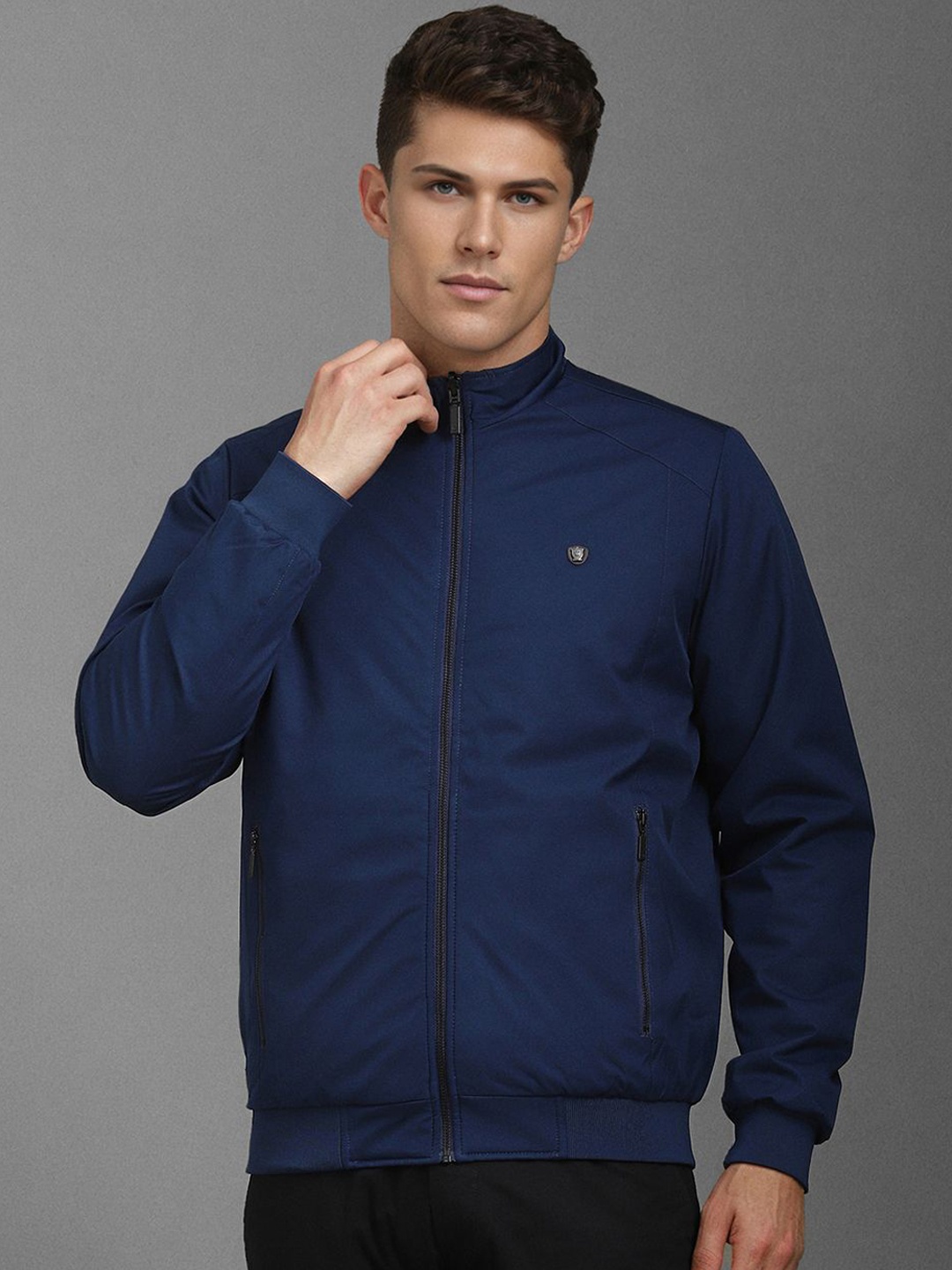 

Louis Philippe Men Mock Collar Solid Casual Bomber Jacket, Navy blue
