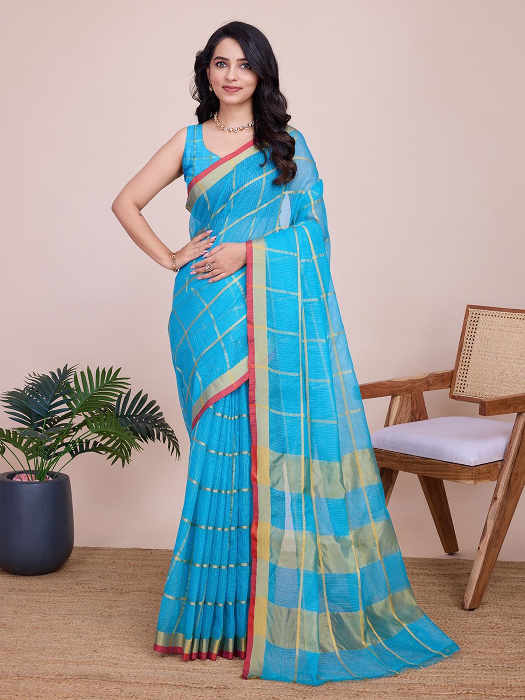 

LEOSAGI Woven Design Zari Silk Cotton Kota Saree, Blue