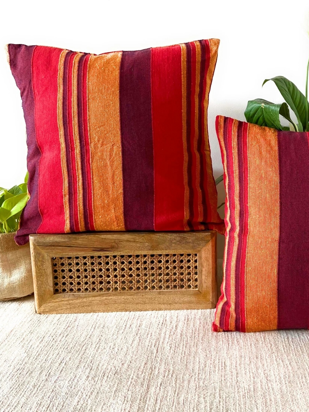 

RANGBHAR Red & Gold-Toned 2 Pieces Striped Pure Cotton Square Cushion Covers