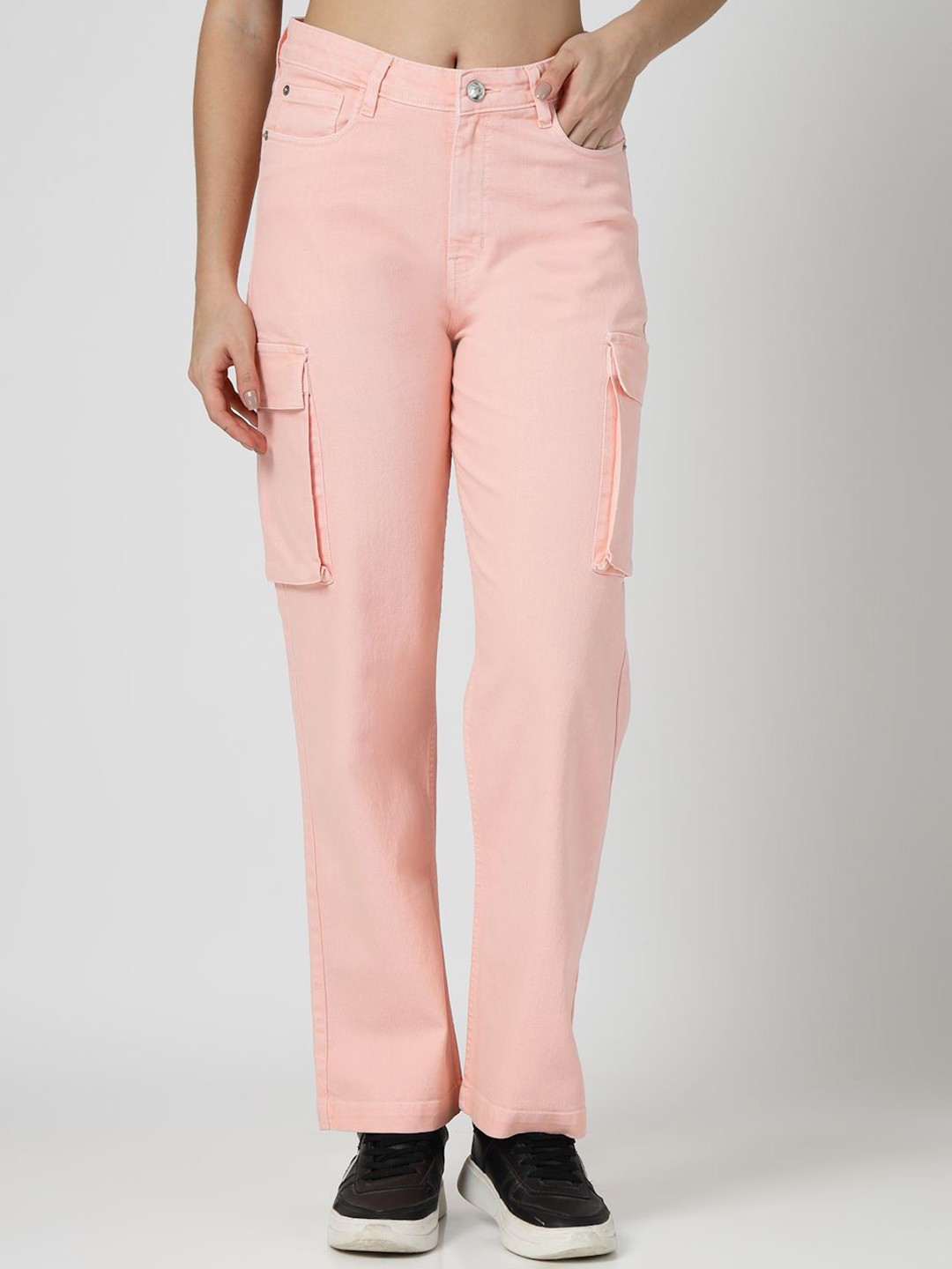 

COSMIC TRIO Women Relaxed Straight Leg Loose Fit Cargos Trousers, Peach