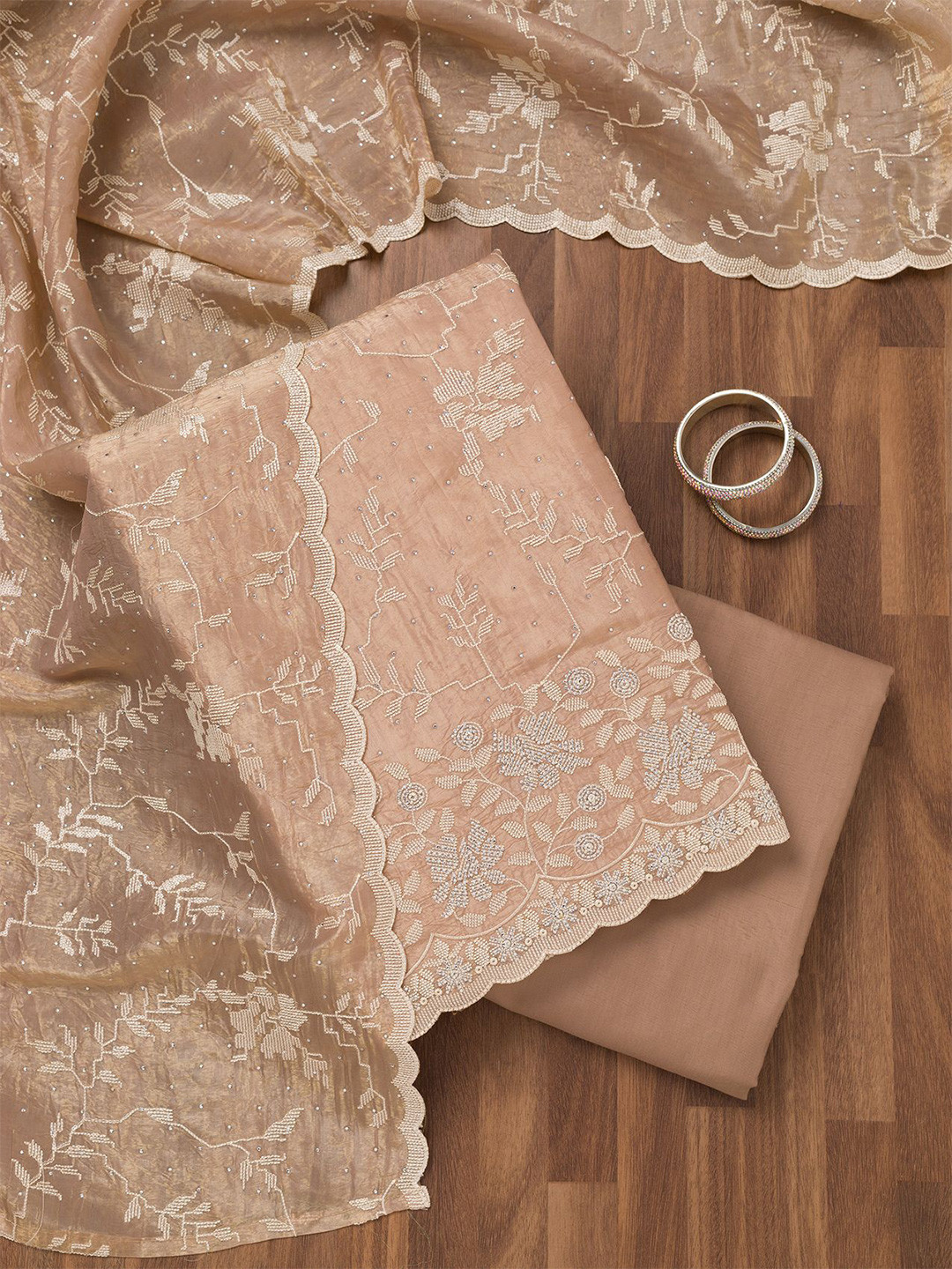 

Koskii Floral Embroidered Beads and Stones Unstitched Dress Material, Brown