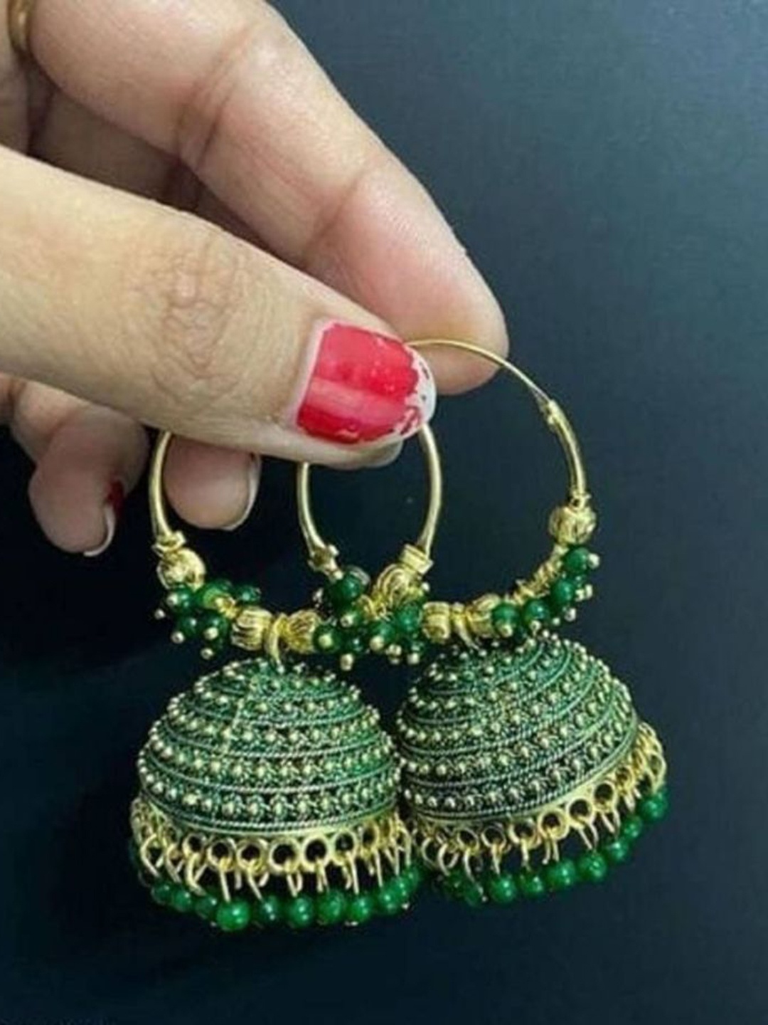 

JMBW INTERNATIONAL Gold-Plated Beaded Dome Shaped Hoop Jhumkas