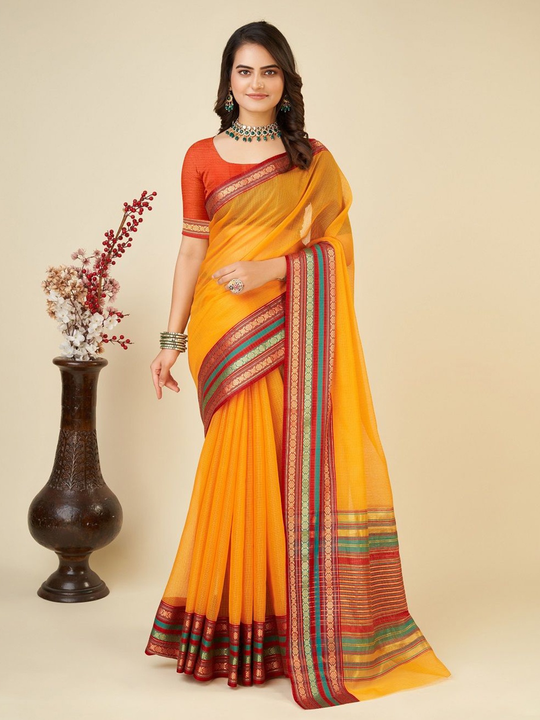 

SHOBHA SAREES Zari Silk Cotton Kota Saree, Orange