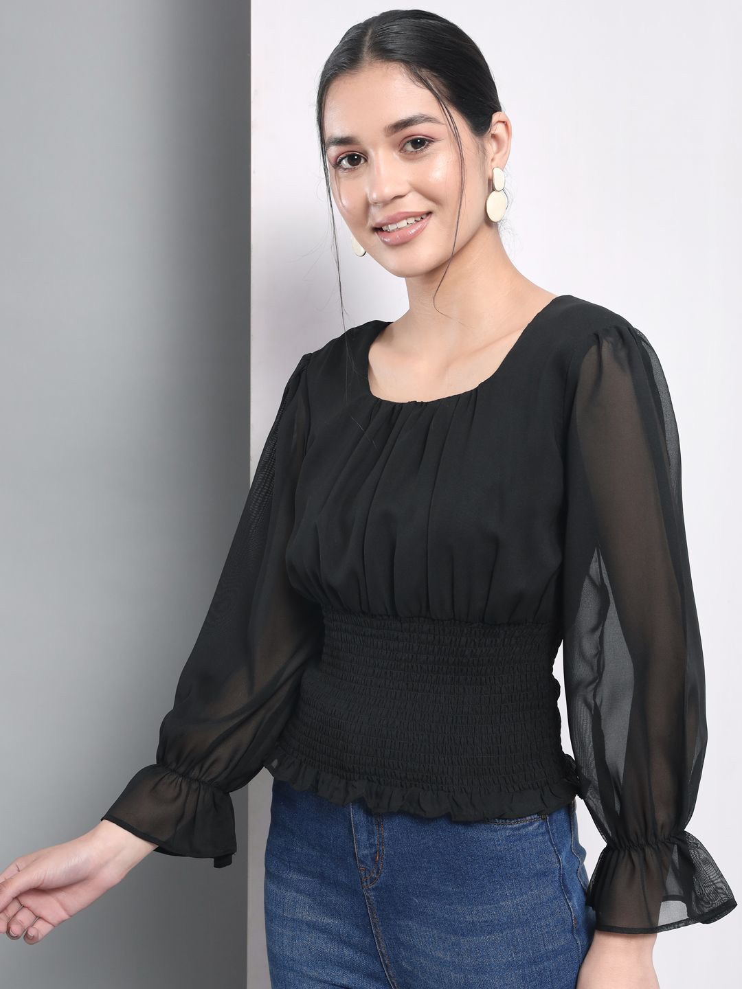 

BAESD Puff Sleeve Smocked Georgette Cinched Waist Top, Black