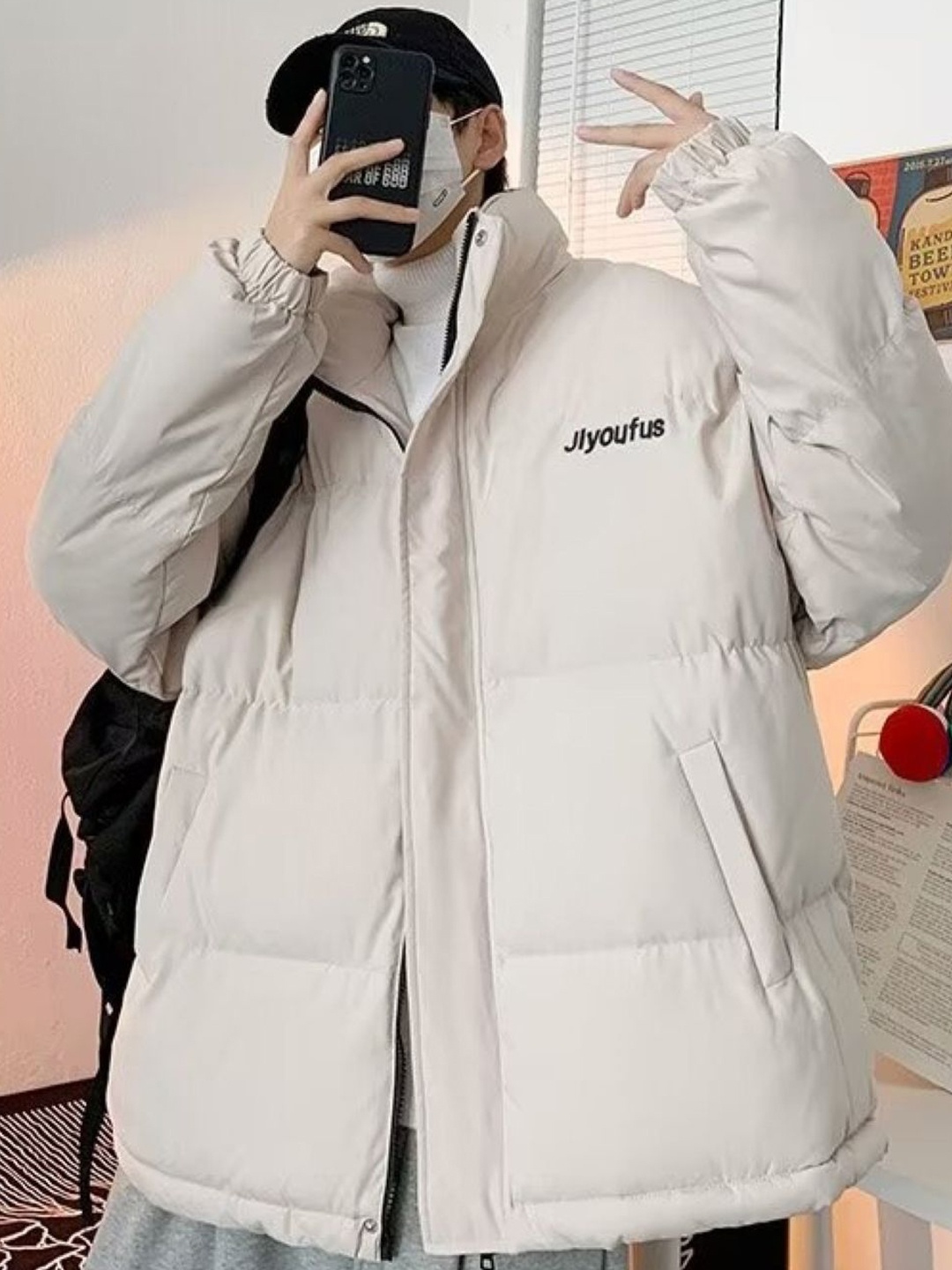 

HERE&NOW Men Mock Collar Solid Casual Puffer Jacket, Cream