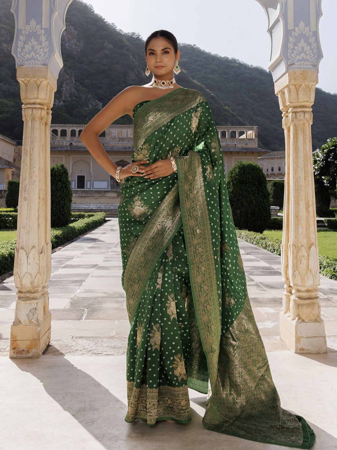 

Geroo Luxe Woven Design Zari Pure Silk Banarasi Saree, Green