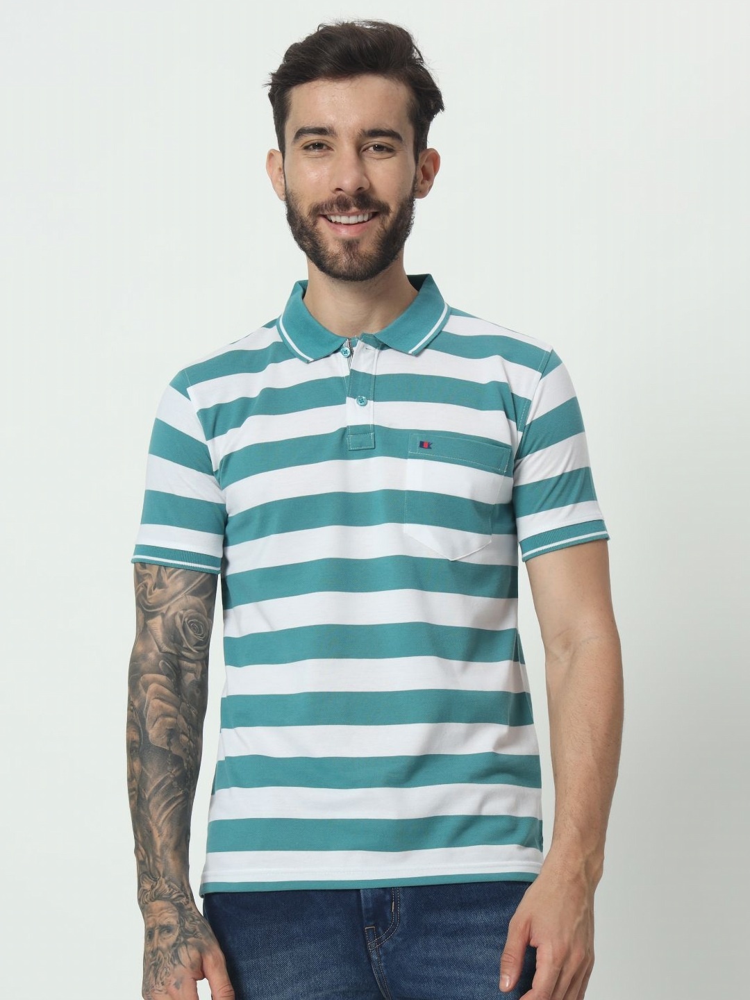 

TAB91 Men Striped Polo Collar Cotton T-shirt, Teal