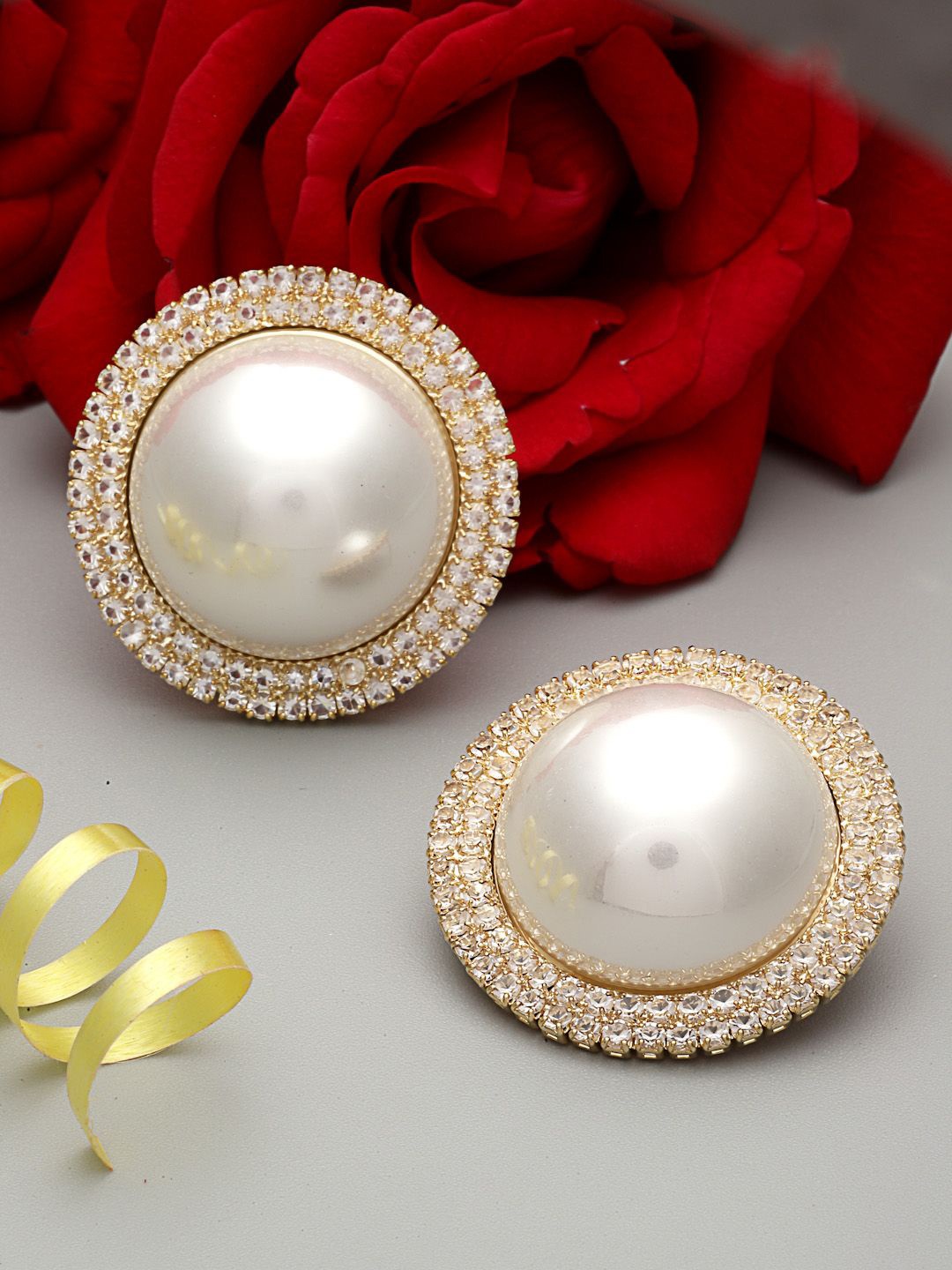 

PANASH Gold-Plated Pearl & CZ Stone Srudded Circular Studs