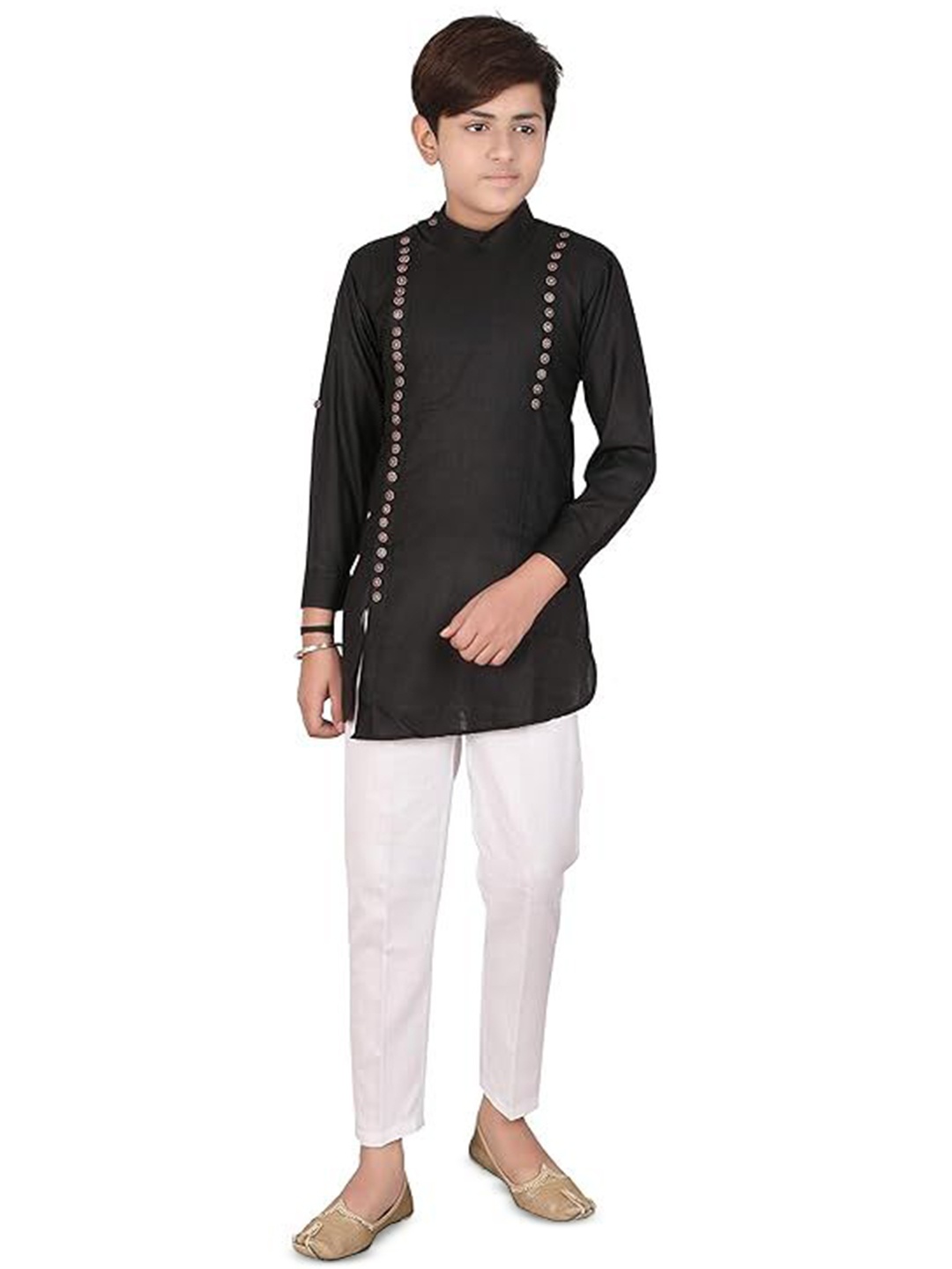 

Eliq Boys Mandarin Collar Pure Cotton Straight Kurta With Pyjamas, Black