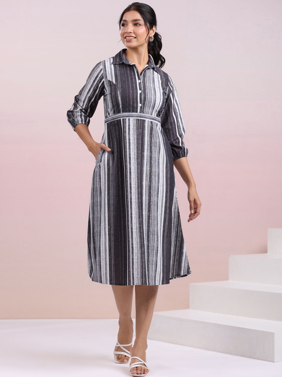 

ZACCAI Striped Puff Sleeve A-Line Midi Dress, Grey