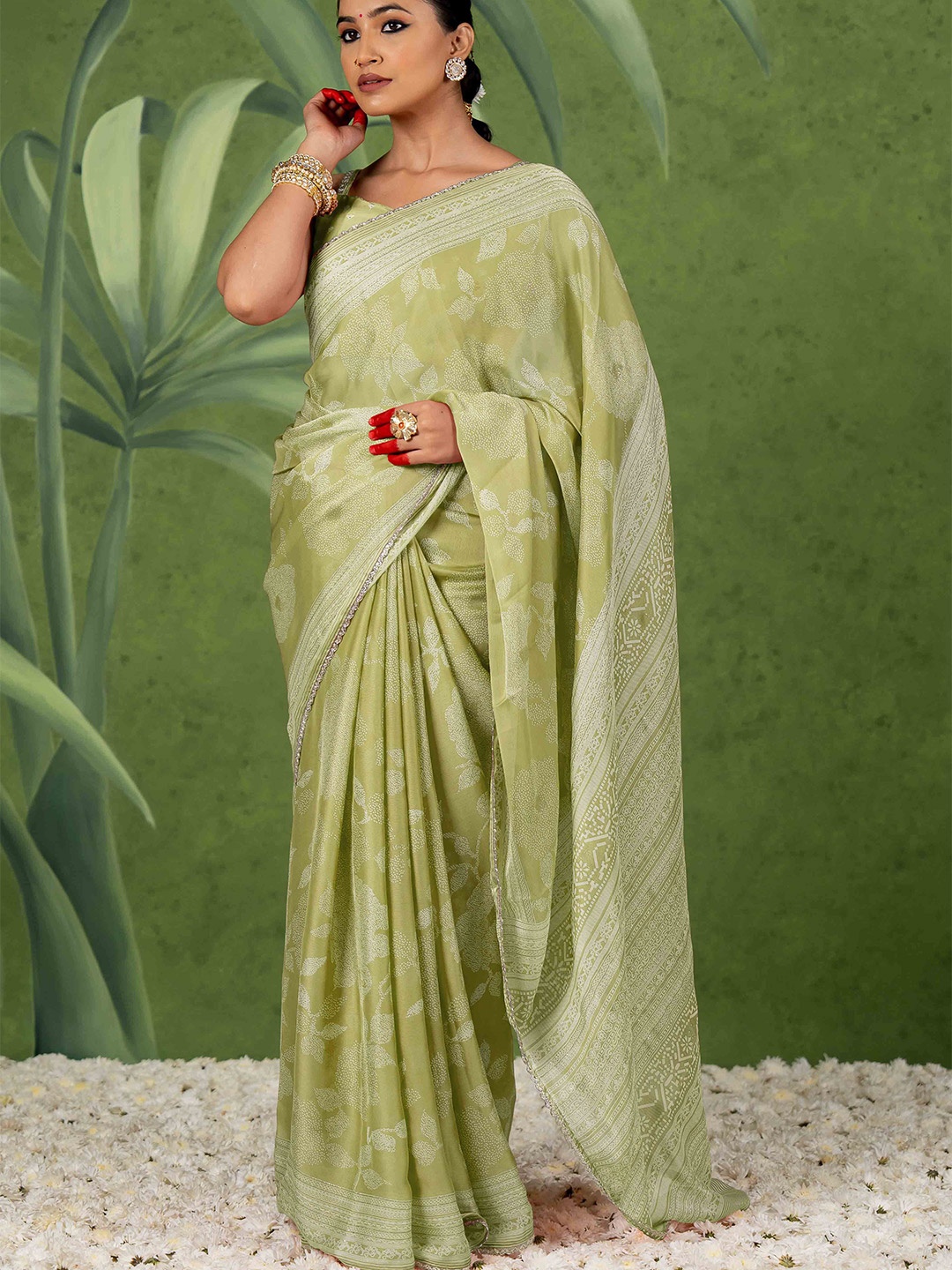 

KALINI Floral Poly Chiffon Saree, Olive