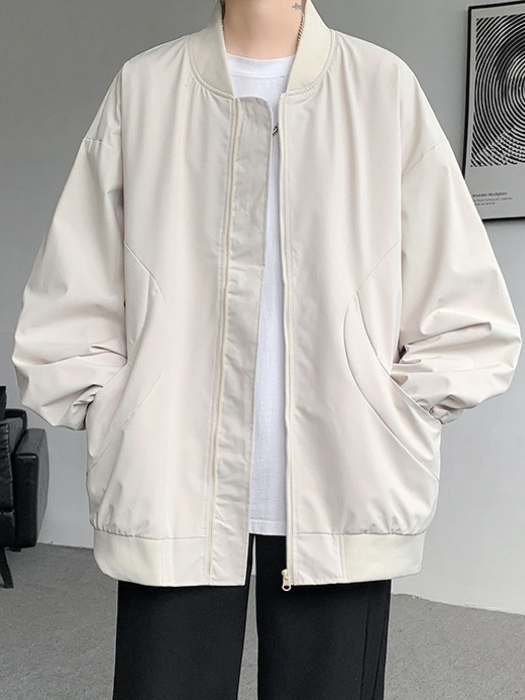 

HERE&NOW Men Stand Collar Solid Casual Bomber Jacket, White