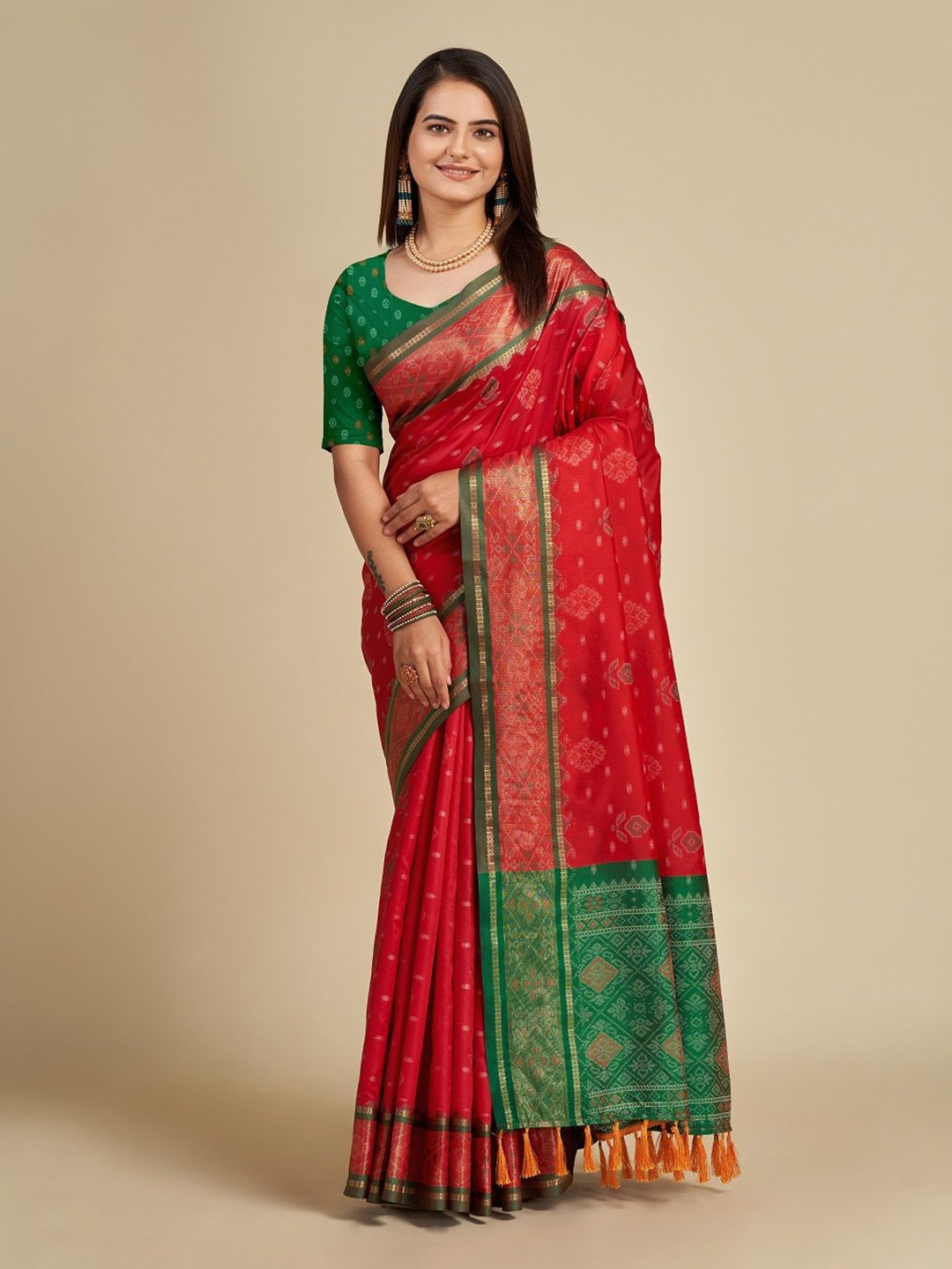 

SHOBHA SAREES Embellished Zari Pure Silk Patola Saree, Red