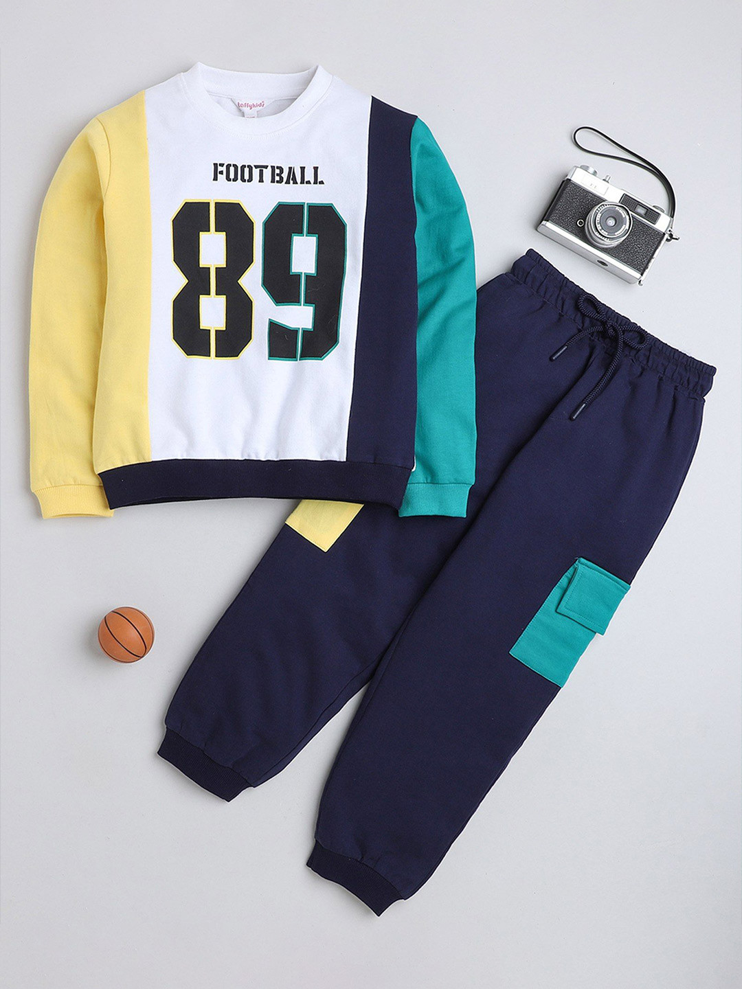 

taffykids Boys Colourblocked Round Neck Long Sleeves Pure Cotton Sweatshirt With Jogger, Navy blue