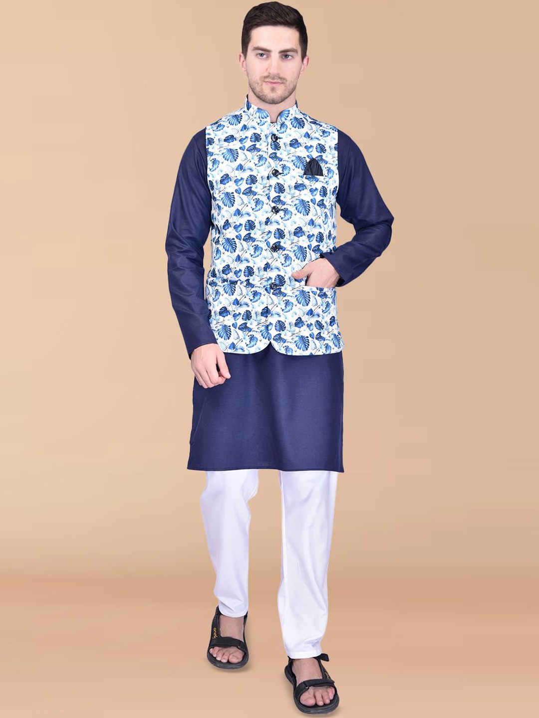 

PRINTINDIA Mandarin Collar Pure Cotton Straight Kurta with Trouser & Nehru Jacket, Navy blue