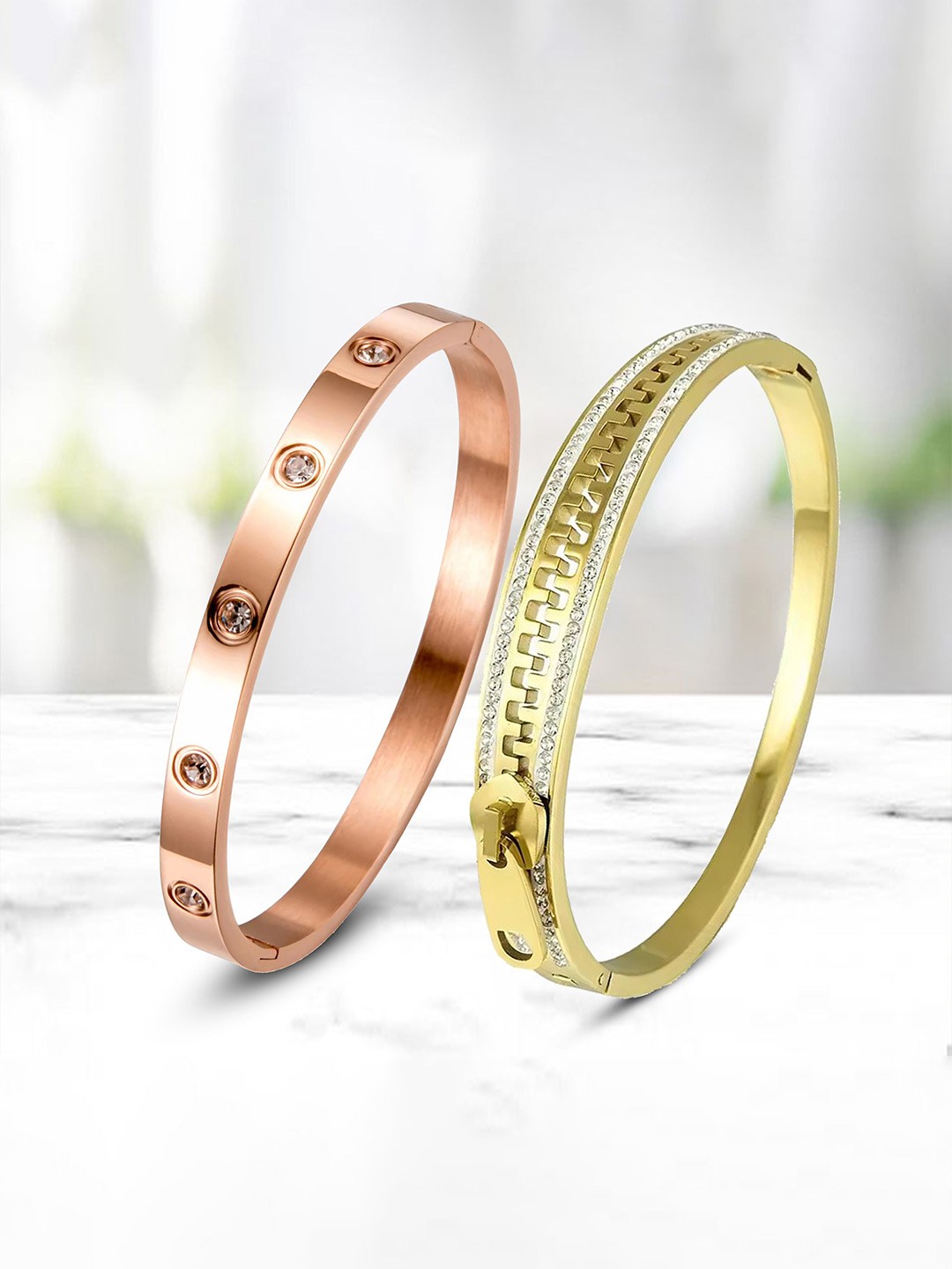 

MEENAZ Set Of 2 Gold-Plated AD Stainless Steel Kada Bracelet