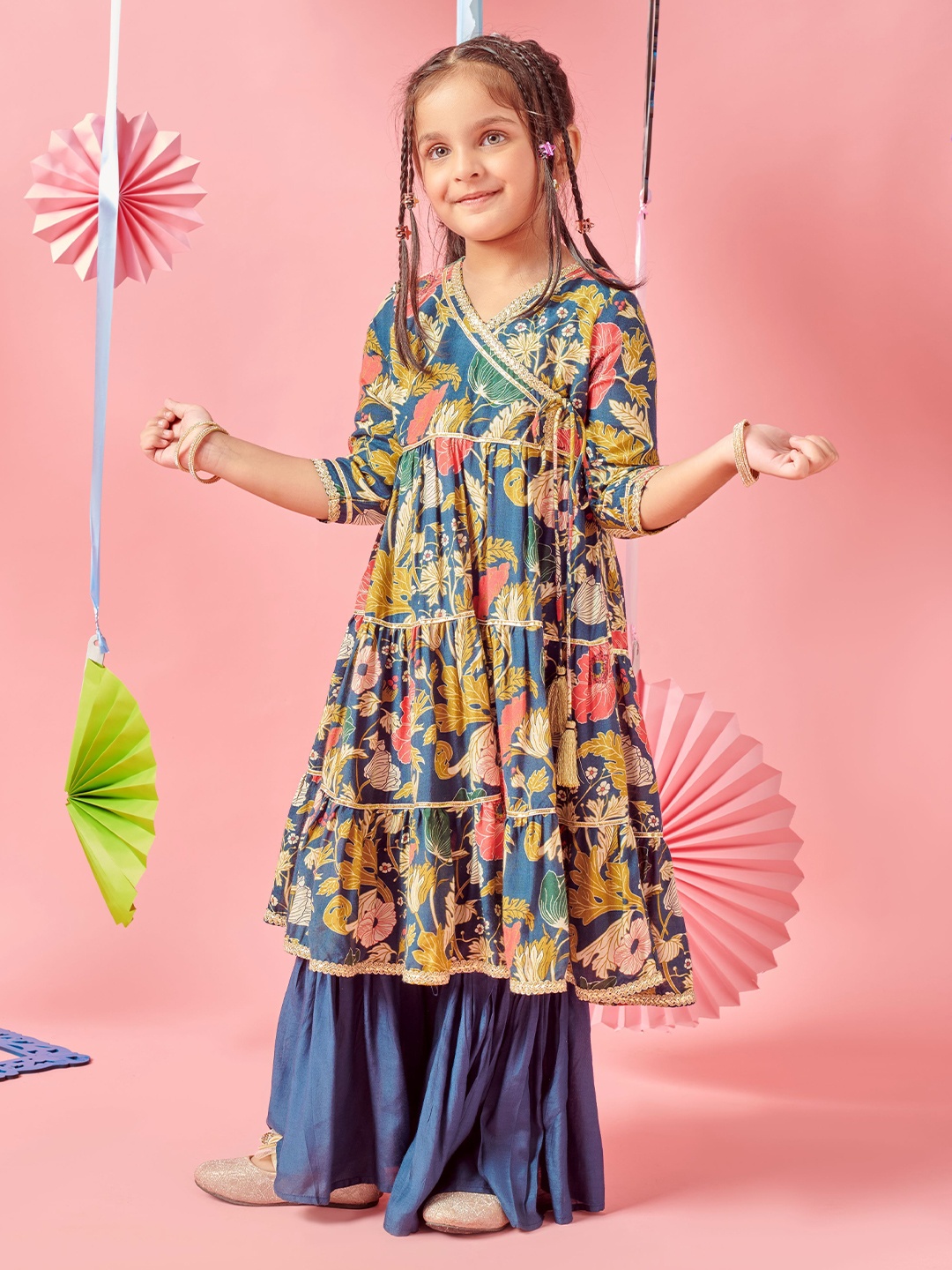 

MASTARANG Girls Navy Blue Tiered Kurta With Kedia Style Yoke And Garara