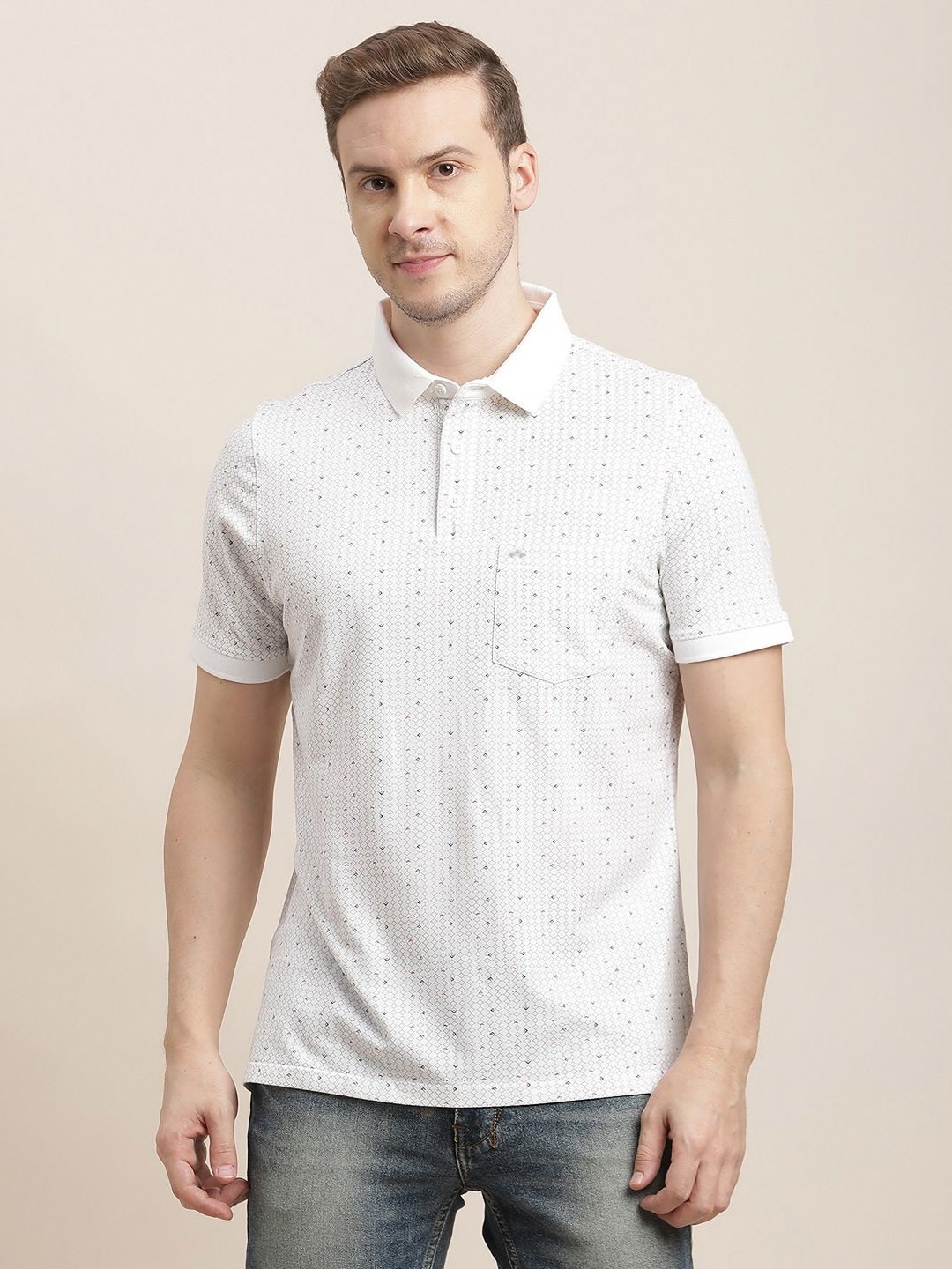 

Turtle Men Geometric Printed Polo Collar Cotton Slim Fit T-shirt, White