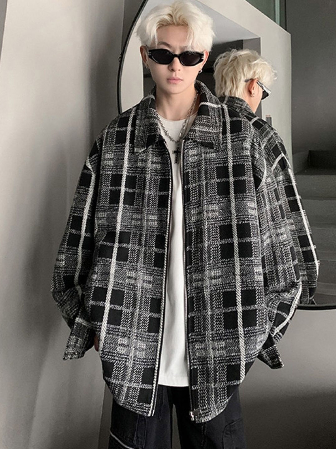 

HERE&NOW Men Spread Collar Checked Casual Tailored Jacket, Black