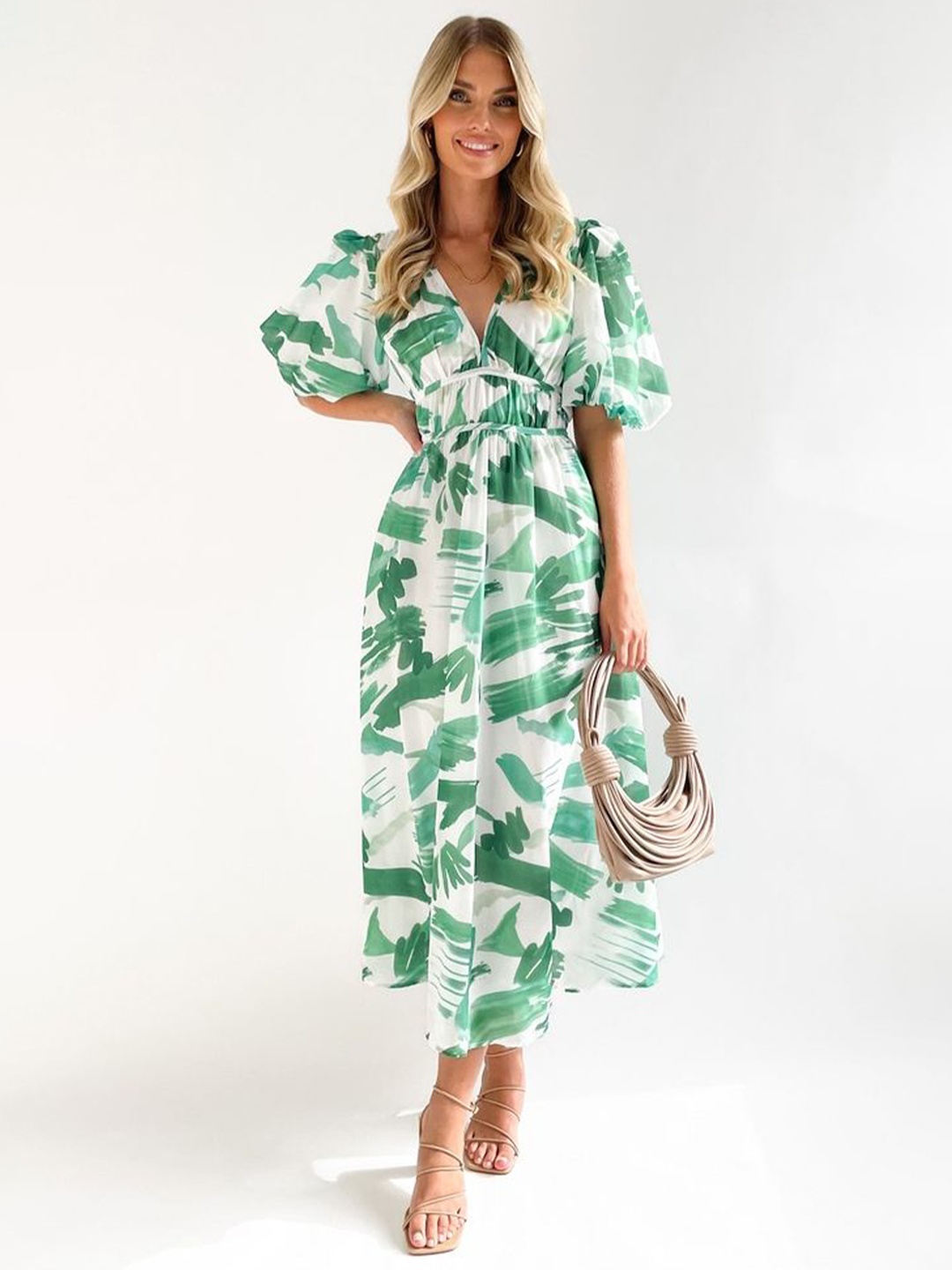 

LULU & SKY Tropical Print Flared Sleeve Fit & Flare Midi Dress, Green
