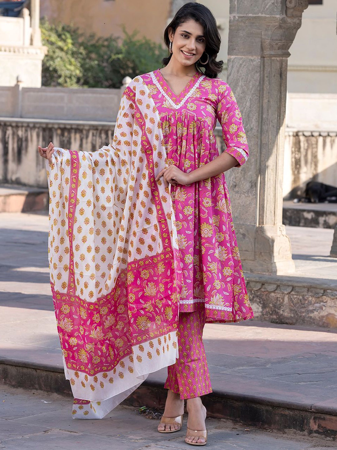 

KALINI Floral Printed Empire Styled A-Line Pure Cotton Kurta With Trousers & Dupatta, Pink