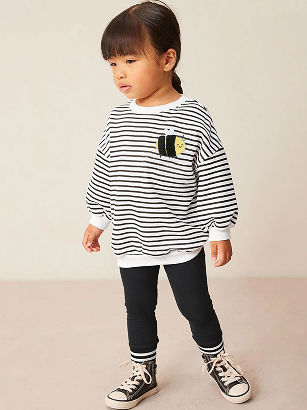 

JC SPARKLE Girls Striped Drop Shoulders Pure Cotton Sweatshirt With Leggings, White