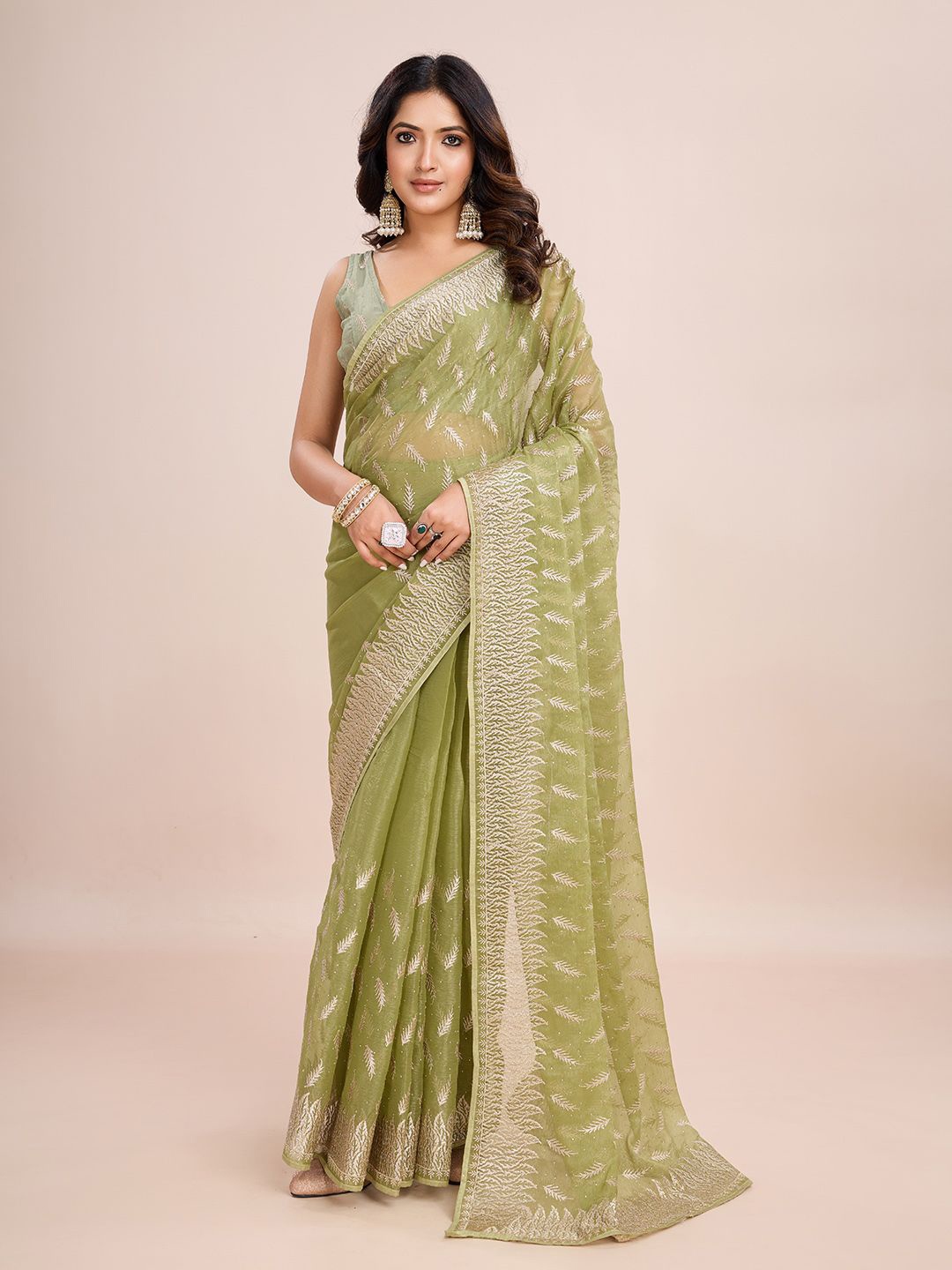 

kasee Floral Embroidered Art Silk Ready to Wear Saree, Green
