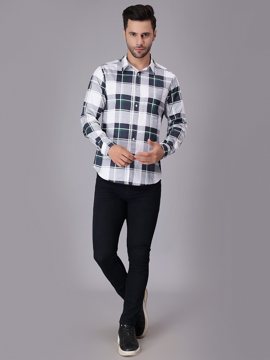 

HERE&NOW Men India Slim Spread Collar Tartan Checked Cotton Casual Shirt, Grey