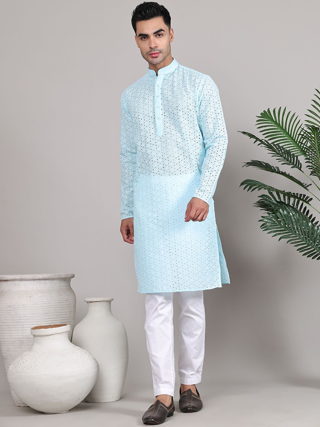 

Majestic Man Floral Lucknowi Chikankari Embroidered Mandarin Collar Straight Kurta, Blue