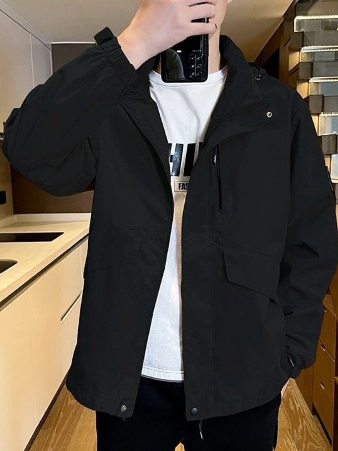 

HERE&NOW Men Spread Collar Solid Casual Bomber Jacket, Black
