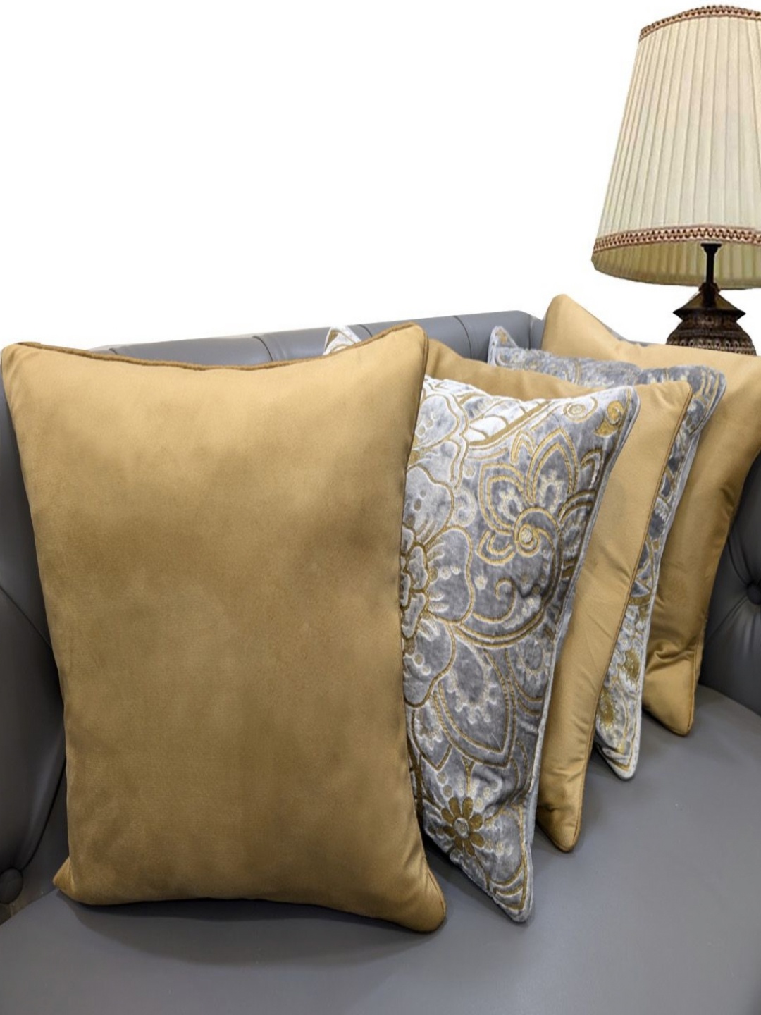 

Good Vibes Grey & Yellow 5 Pieces Floral Velvet Square Cushion Covers