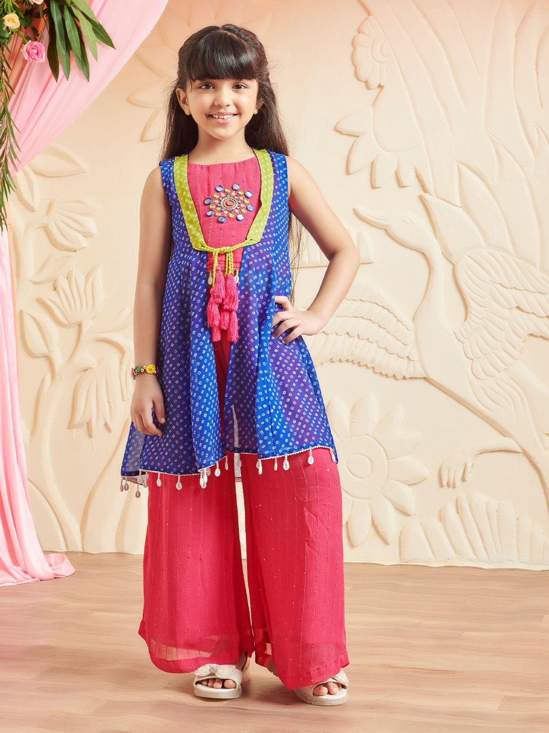 

MASTARANG Girls Jacket With Tassel With Crop Top With Palazzos, Blue