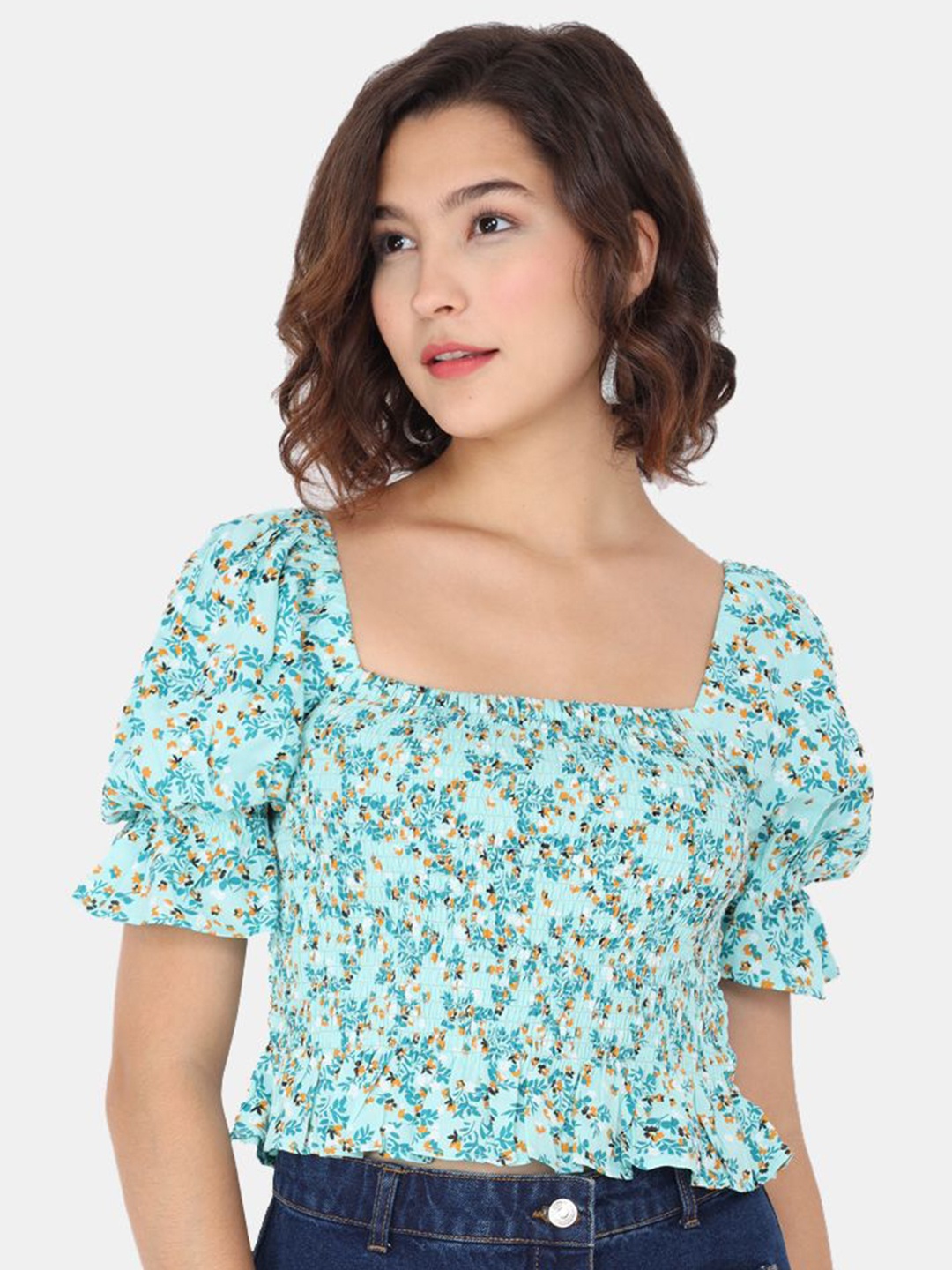 

BAESD Print Puff Sleeve Smocked Crop Top, Green