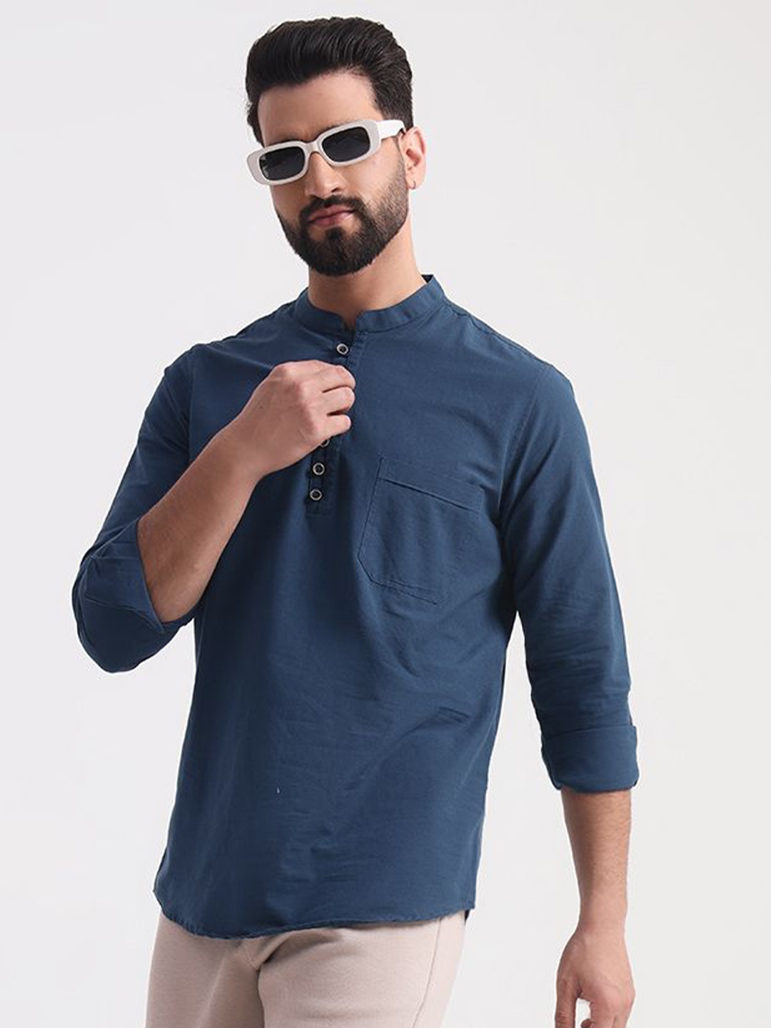 

ENSPYR Men Mandarin Collar Solid Cotton Casual Shirt, Navy blue