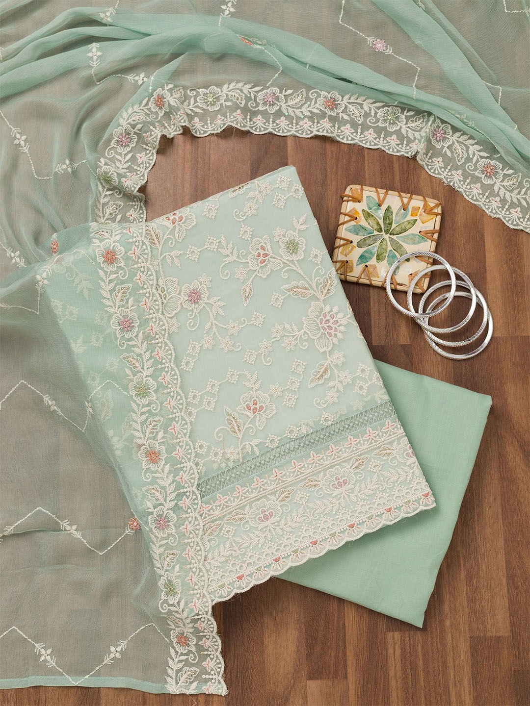 

Koskii Floral Embroidered Thread Work Unstitched Dress Material, Green