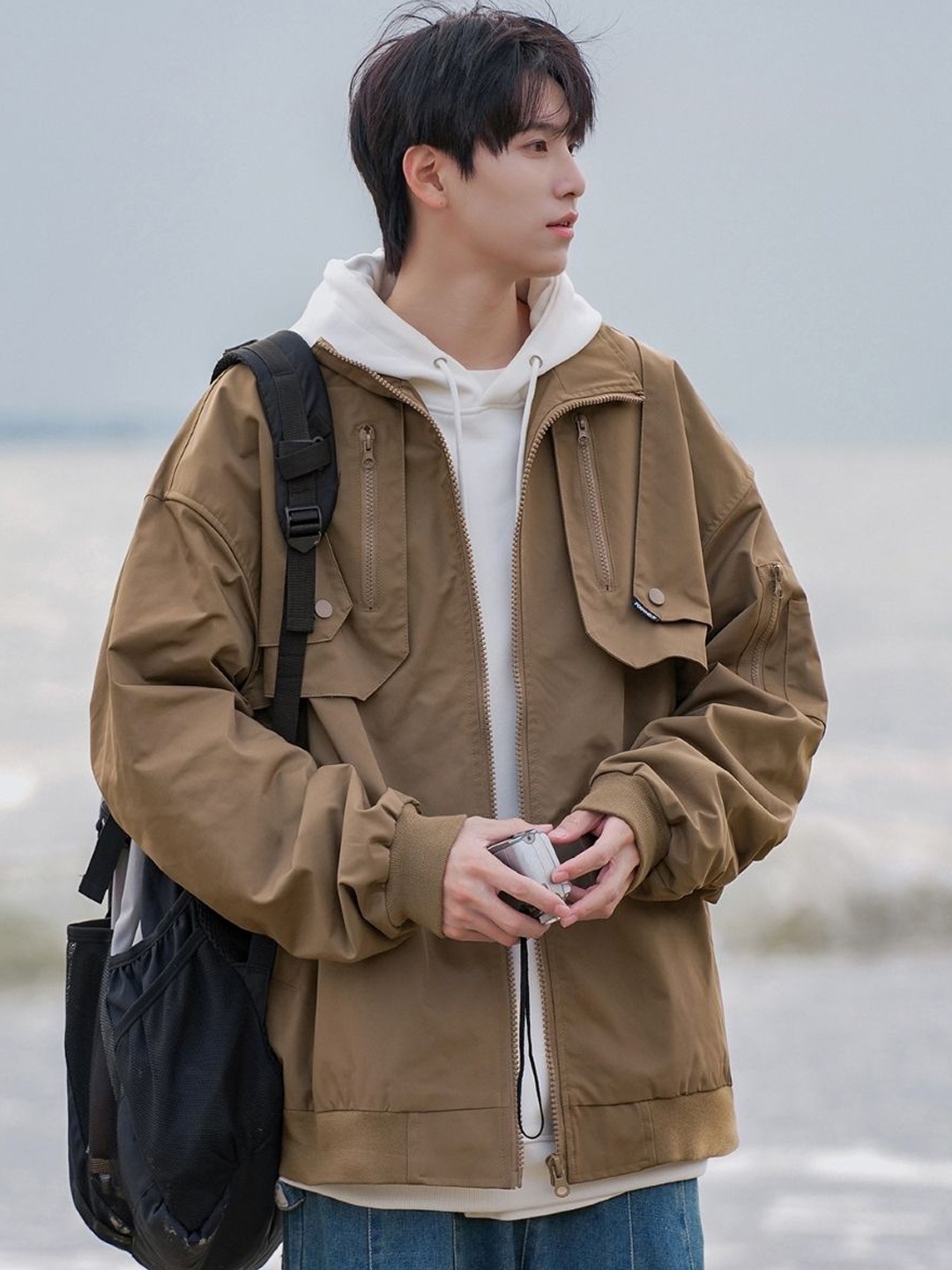 

HERE&NOW Men Hooded Typography Embroidered Casual Bomber Jacket, Brown