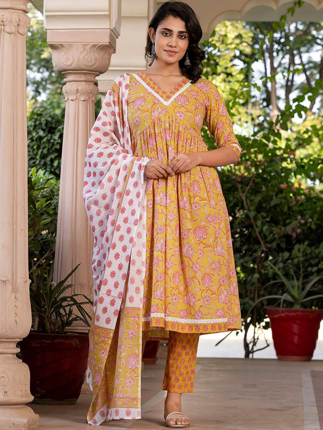 

KALINI Floral Printed Pure Cotton A-Line Kurta With Trouser & Dupatta, Mustard