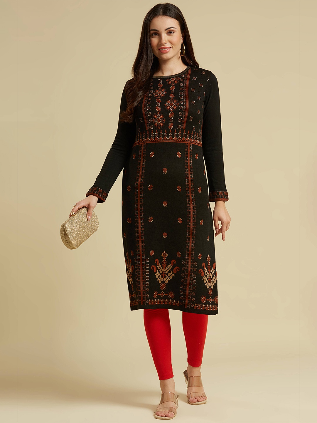 

Peachmode Floral Woven Design Woollen Straight Kurta, Black