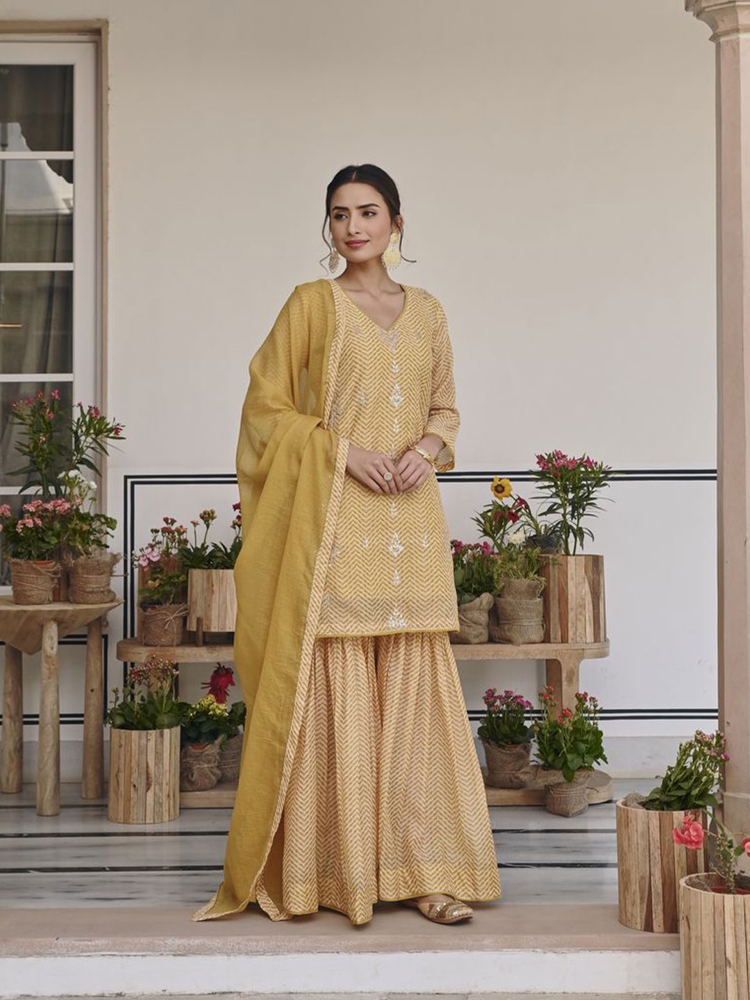 

KARAJ JAIPUR Floral Embroidered Chanderi Cotton Kurta With Sharara & Dupatta, Mustard