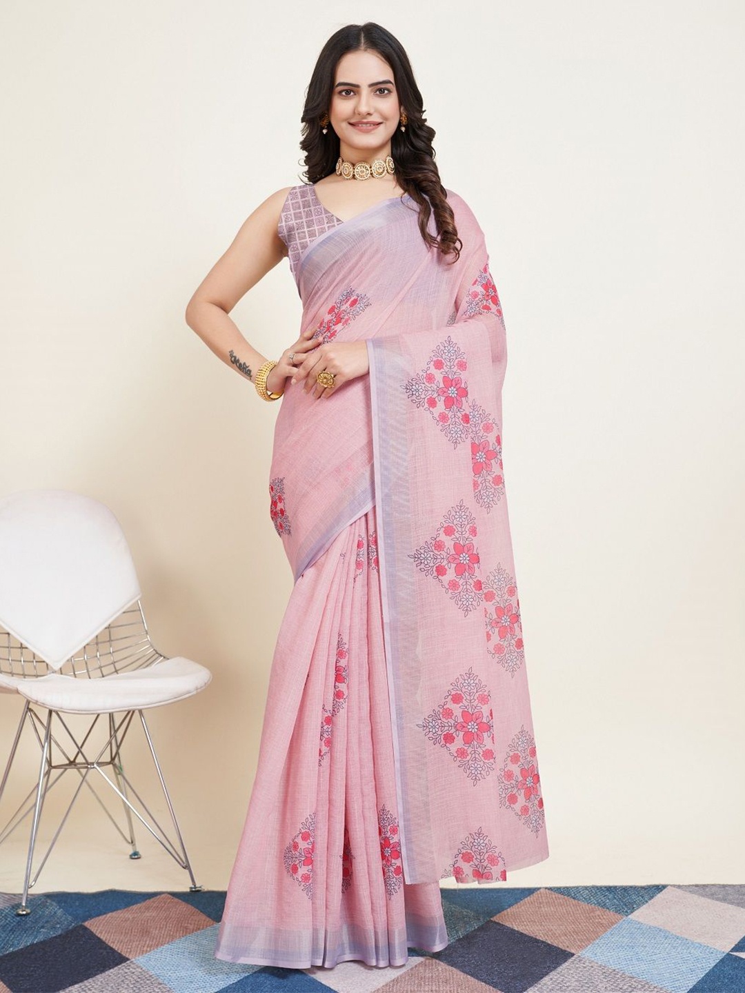 

LEOSAGI Floral Silk Cotton Saree, Pink