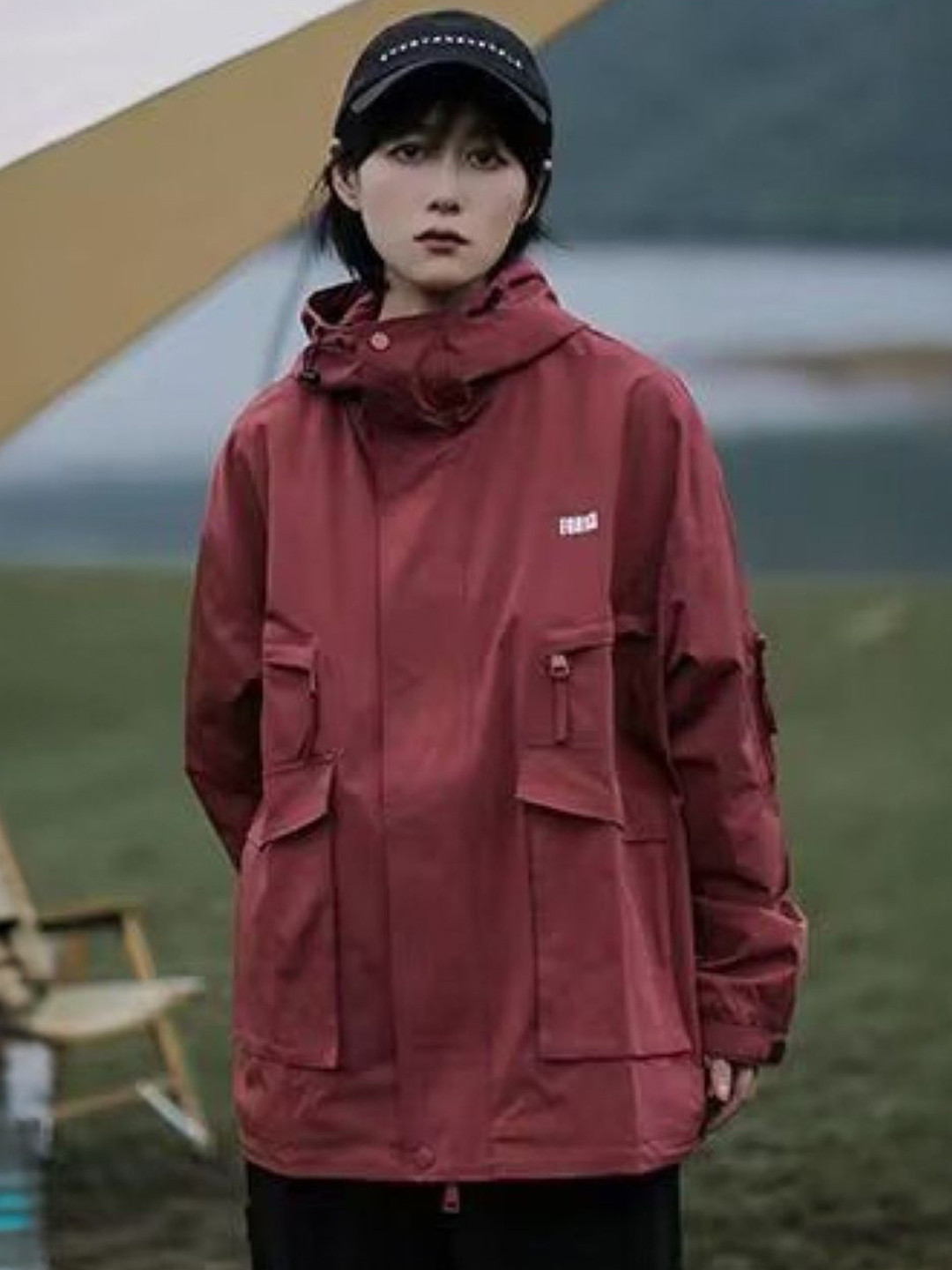 

HERE&NOW Women Solid Long Sleeves Hooded Bomber Jacket, Red