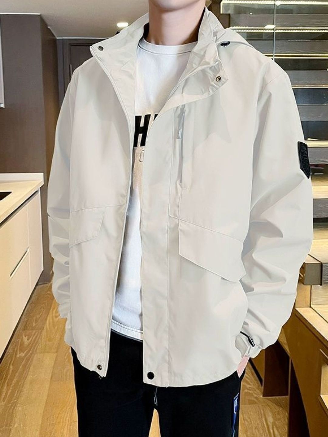 

HERE&NOW Men Spread Collar Solid Casual Bomber Jacket, White