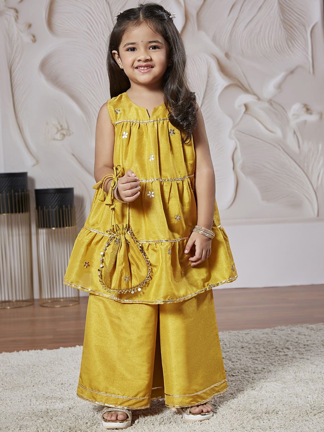 

VASTRAMAY Girls Floral Embroidered Gotta Patti Tiered Anarkali Kurta with Palazzos, Mustard