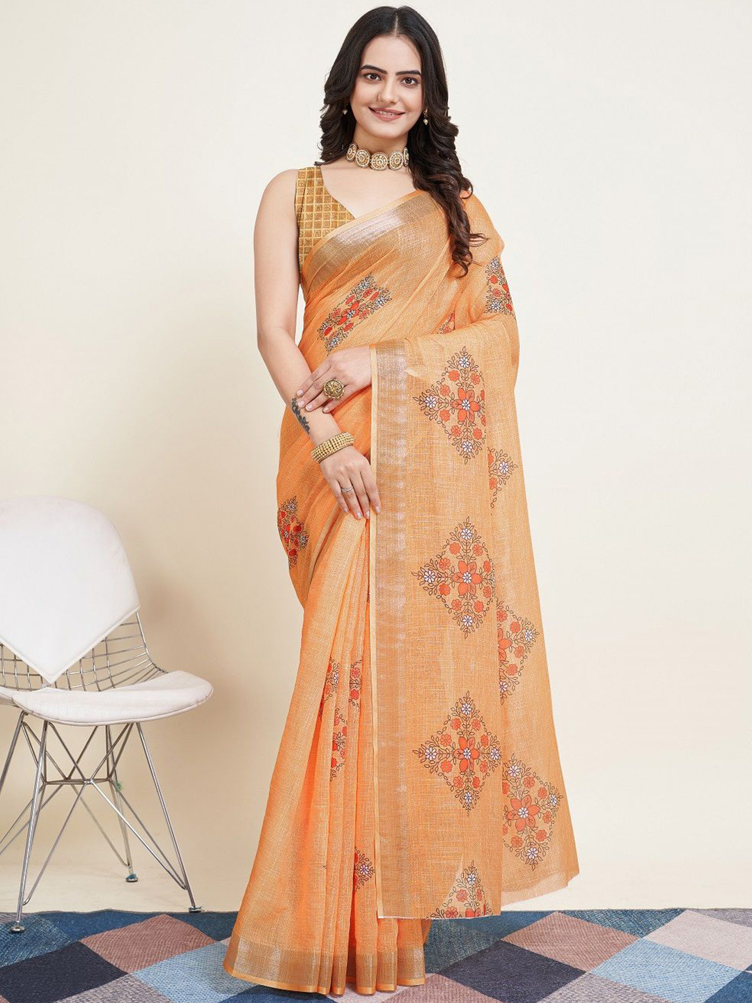 

LEOSAGI Floral Silk Cotton Saree, Orange