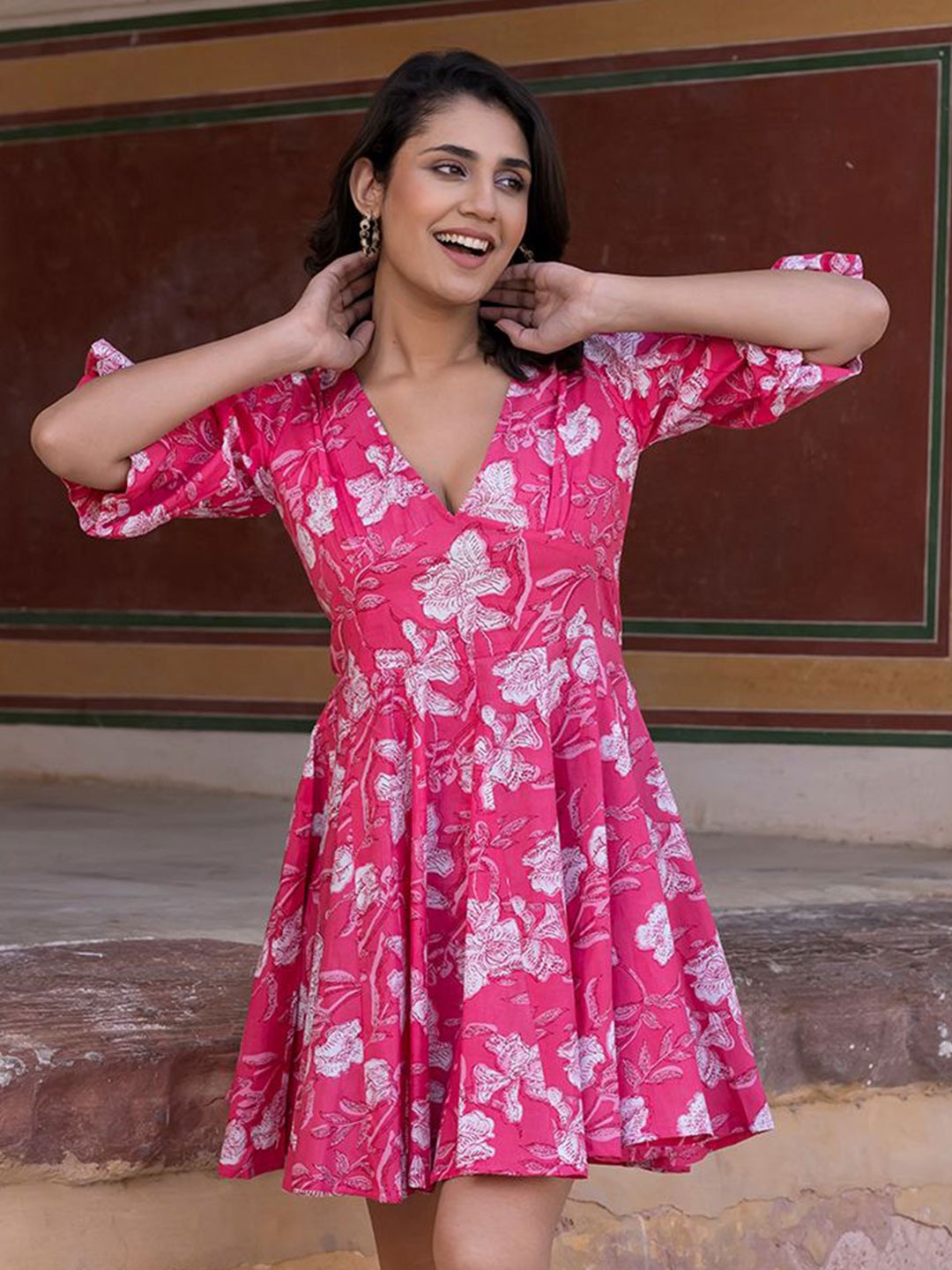 

KALINI Floral Print Bishop Sleeve Fit & Flare Mini Dress, Pink