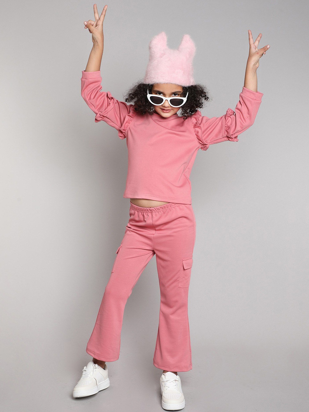 

taffykids Girls Round Neck Top with Trousers, Pink