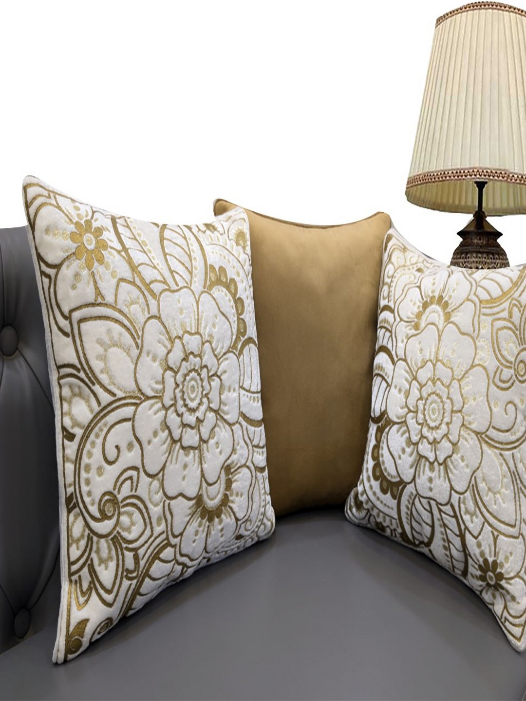 

Good Vibes Gold-Toned & White 3 Pieces Floral Velvet Square Cushion Covers