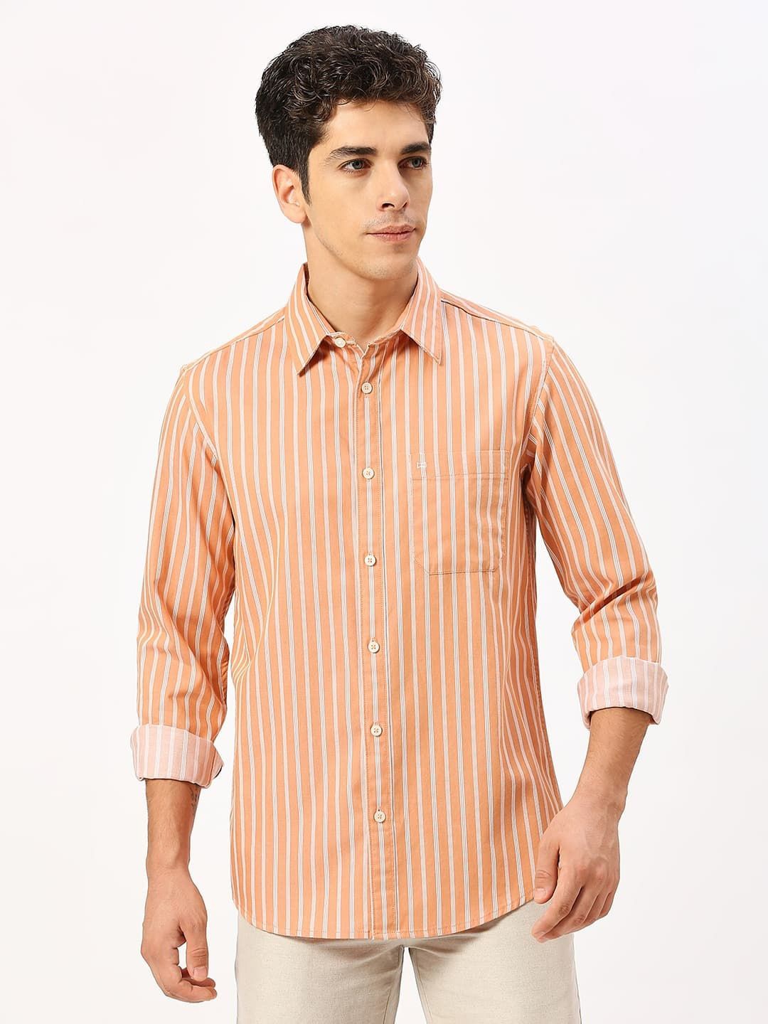 

Basics Men Slim Fit Striped Cotton Casual Shirt, Orange