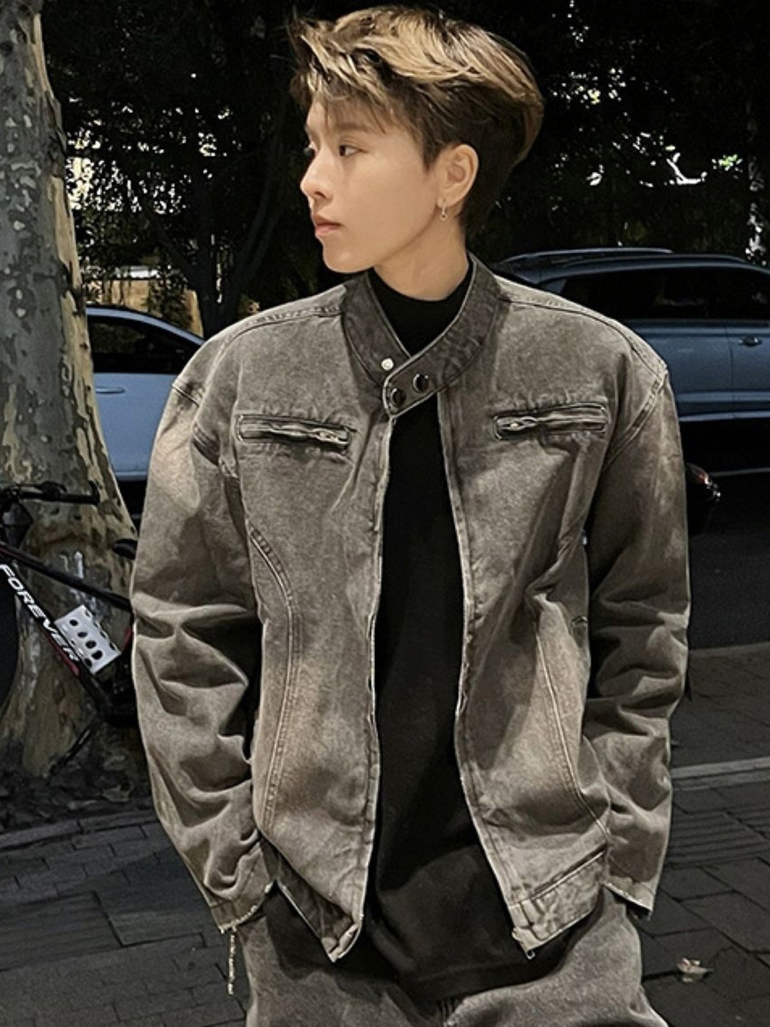 

HERE&NOW Men Mandarin Collar Washed Self Design Cotton Casual Denim Jacket, Grey