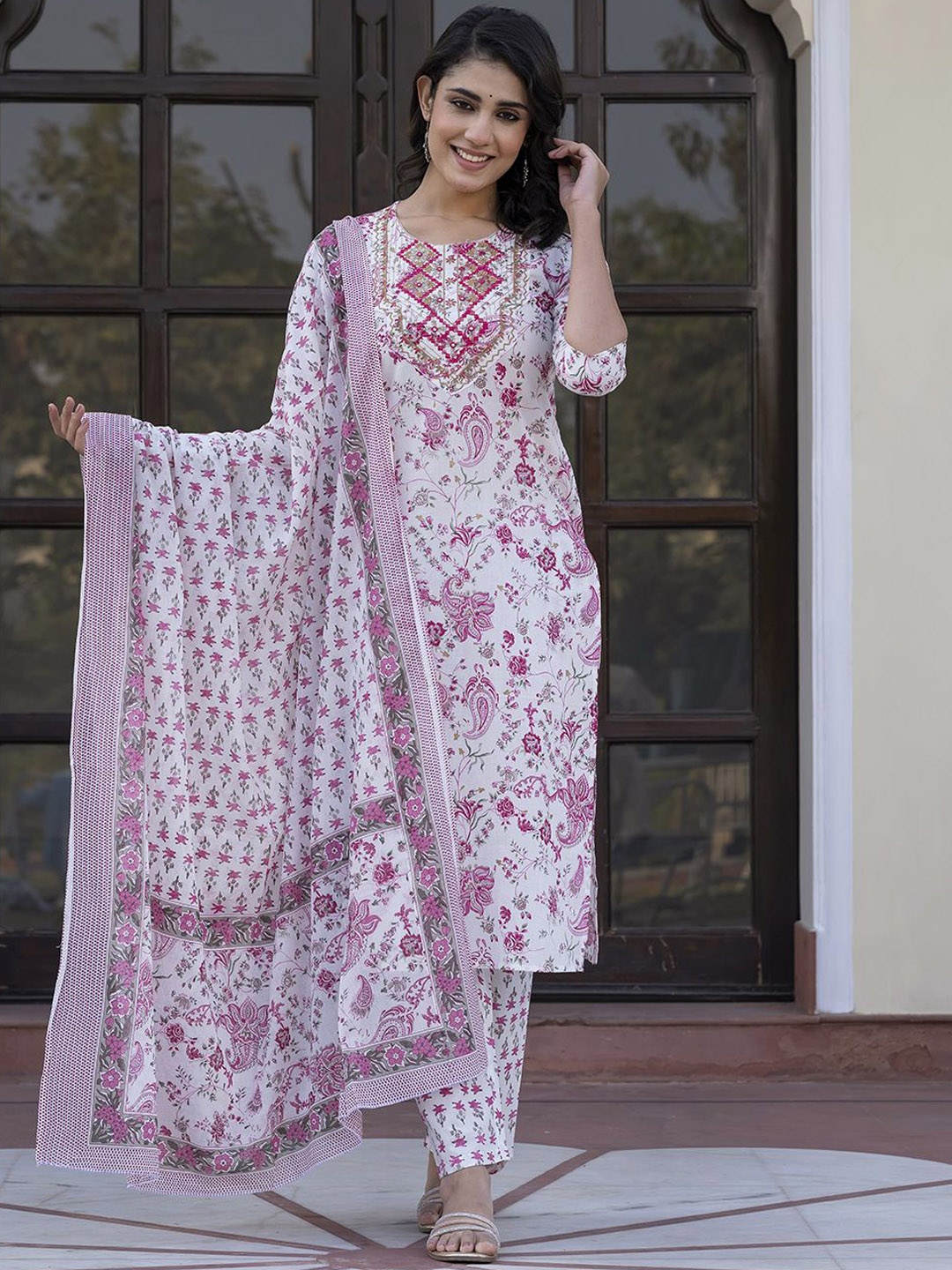 

KALINI Paisley Printed Mirror Work Straight Pure Cotton Kurta With Trousers & Dupatta, Pink